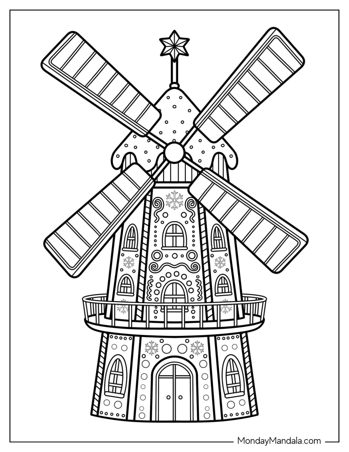 Gingerbread House Coloring Page of Windmill with Candy Decorations and Star Topper