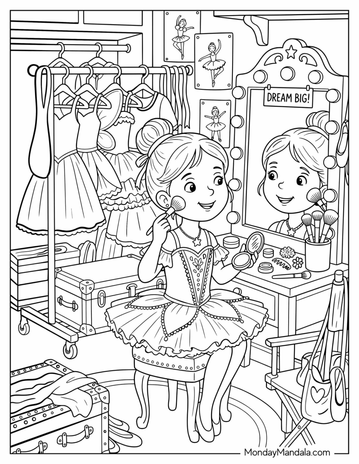 Girl Applying Makeup at a Dressing Table with Costumes and Vanity Mirror