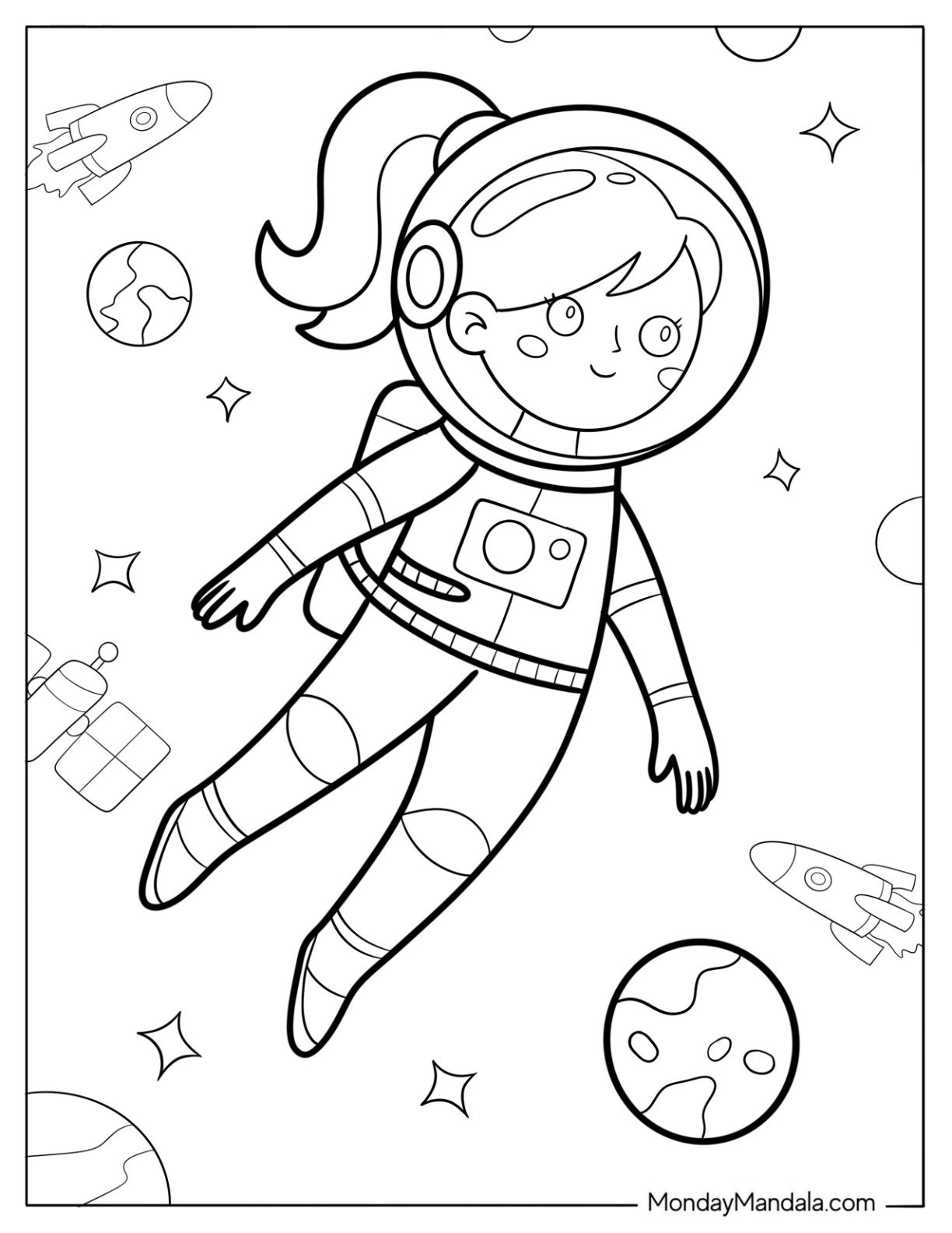 Girl Astronaut Floating in Space with Rockets, Earth, and Satellite Coloring Sheet For Kids