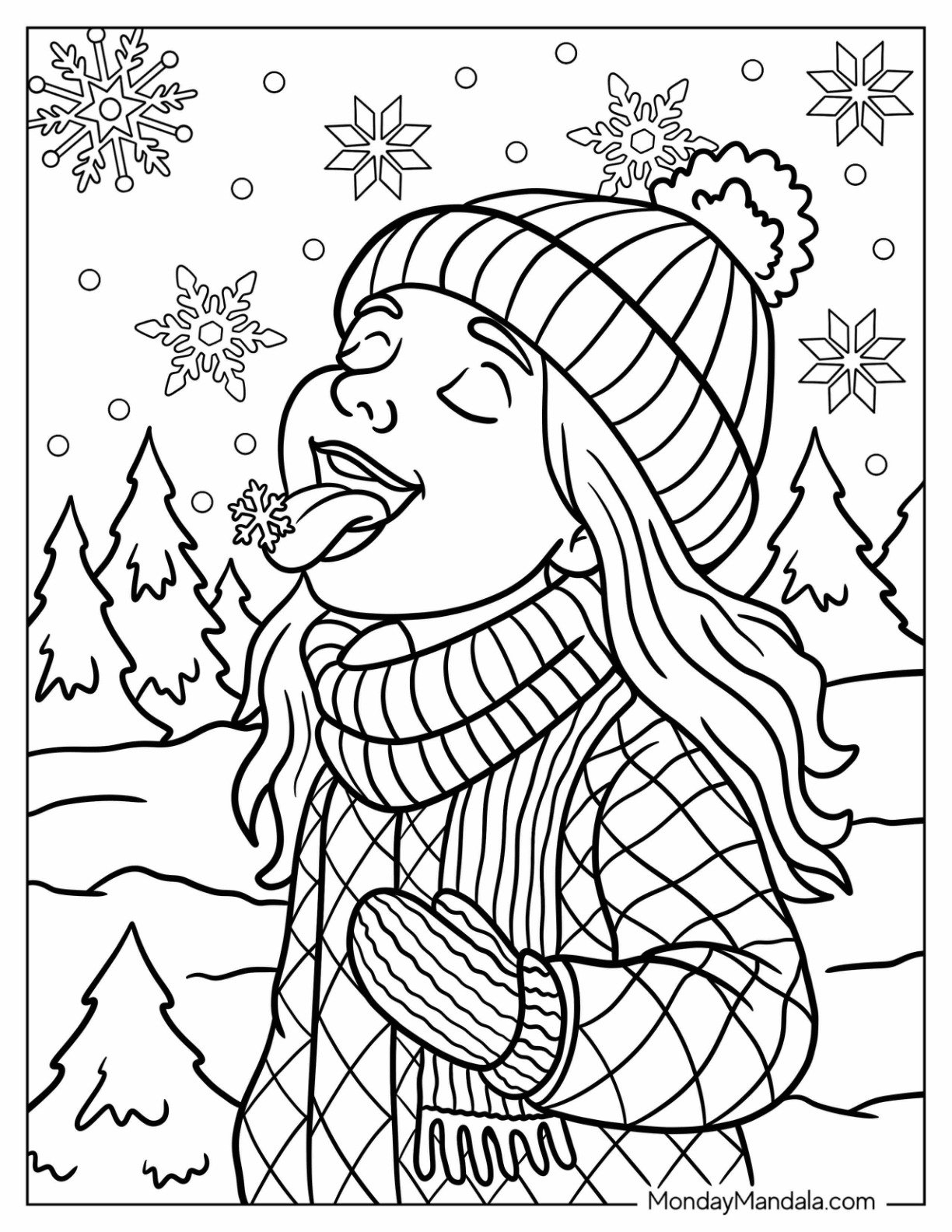 Girl Catching Snowflake Coloring Page on Her Tongue in a Winter Forest