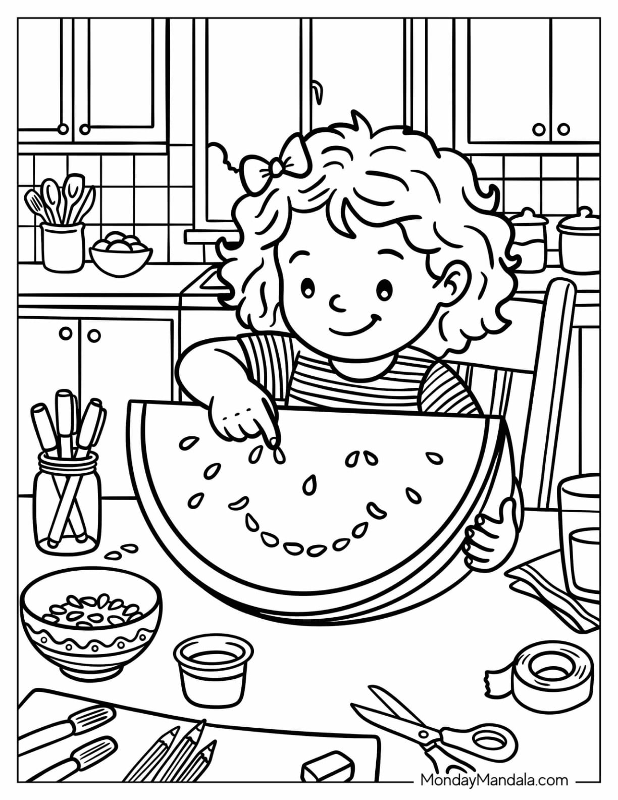 Girl Creating a Smiling Face with Watermelon Seeds Coloring Page