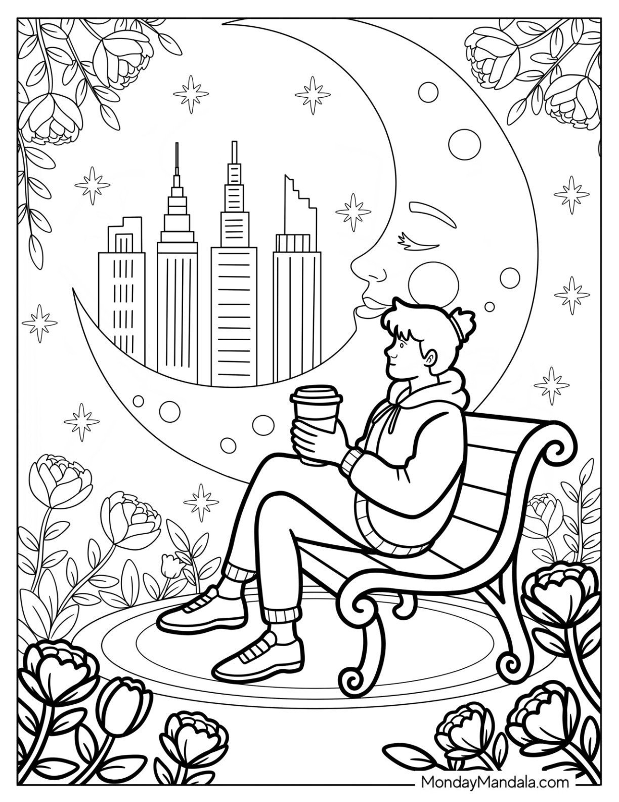 Girl Drinking Coffee on a Bench Beside a Pretty Crescent Moon Coloring Page