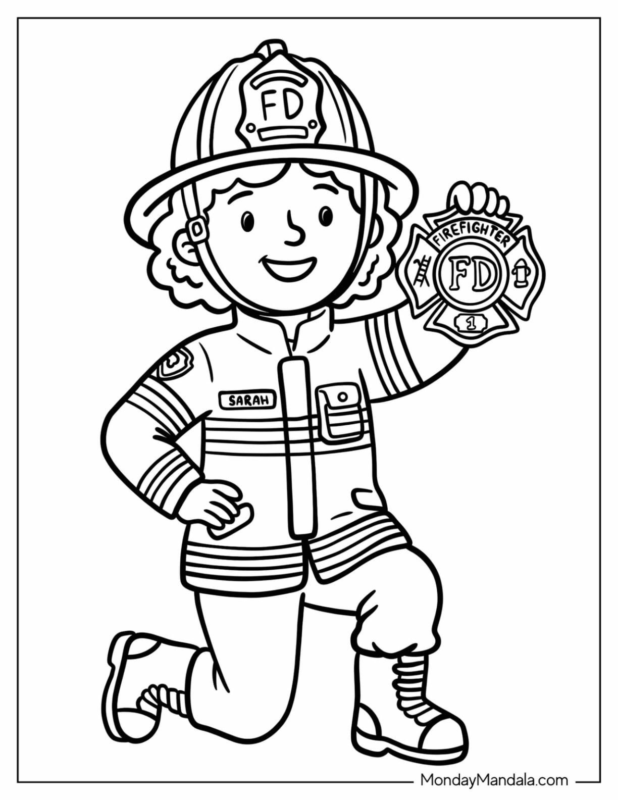 Girl Firefighter Holding a Badge Coloring Page for Kids