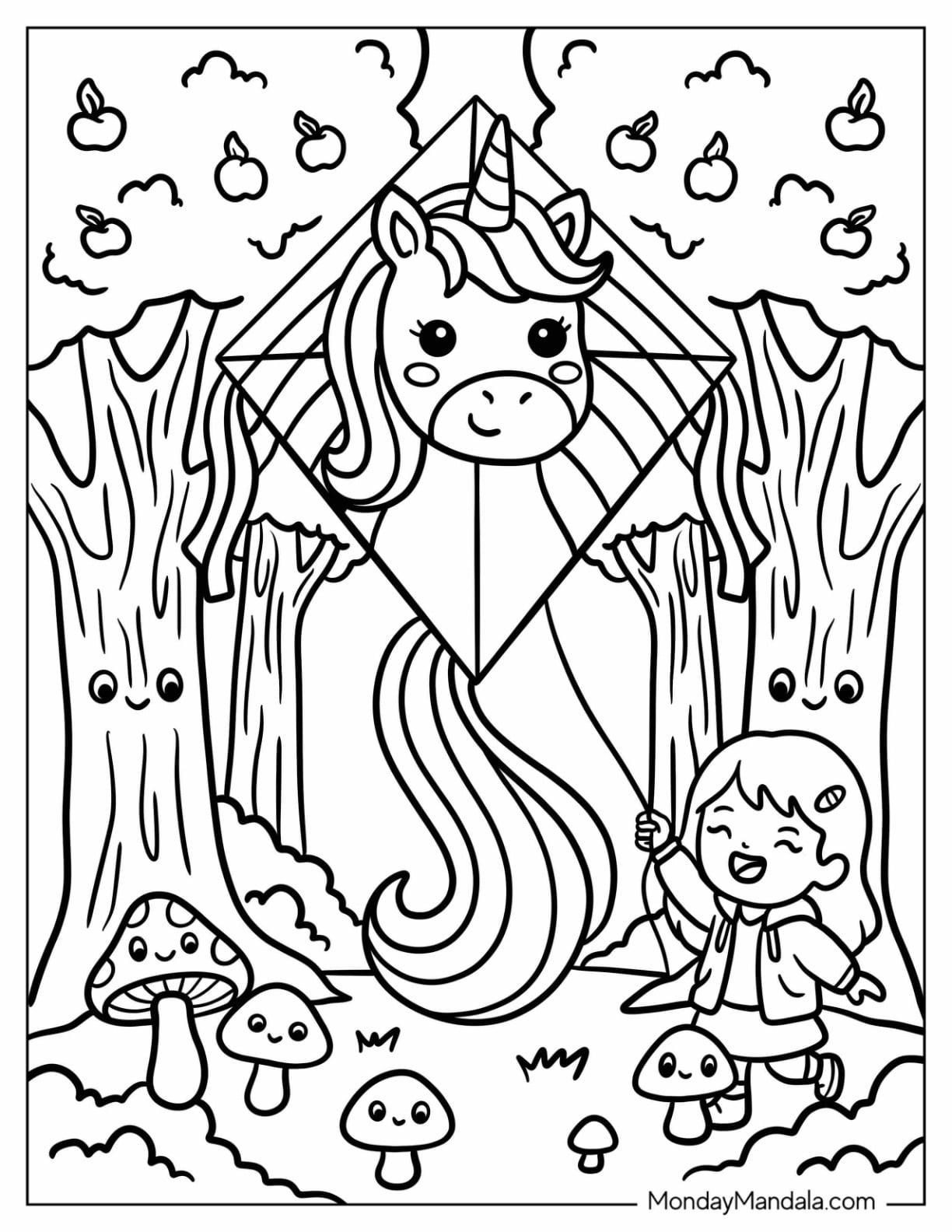 Girl Flying a Unicorn Kite Coloring Page