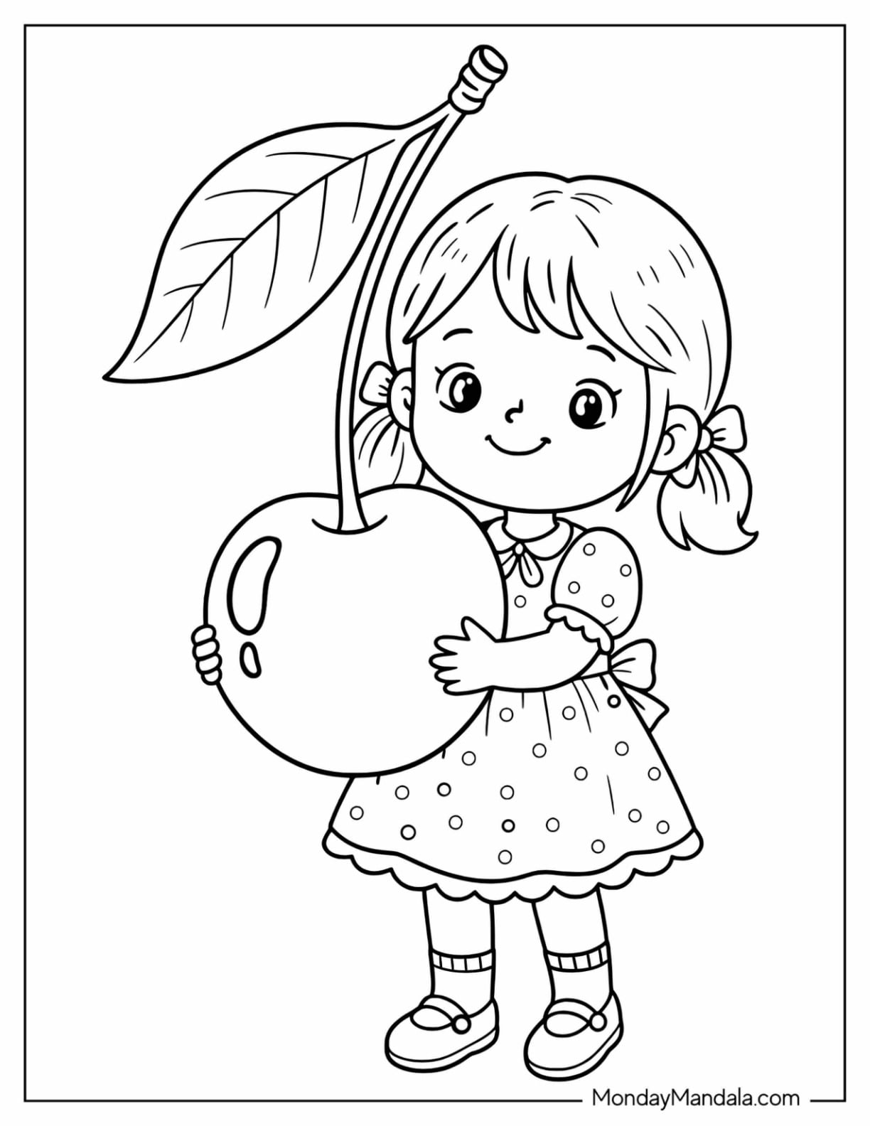 Girl Holding a Giant Cherry Coloring Page for Kids
