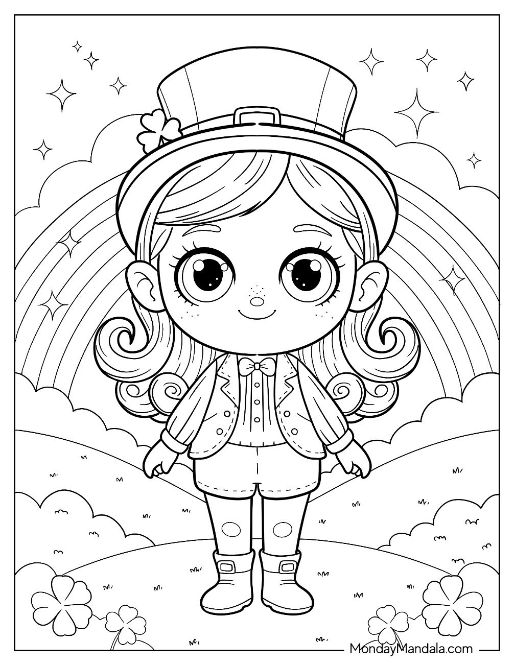 Girl Leprechaun Coloring Page in Front of Rainbow for Kids