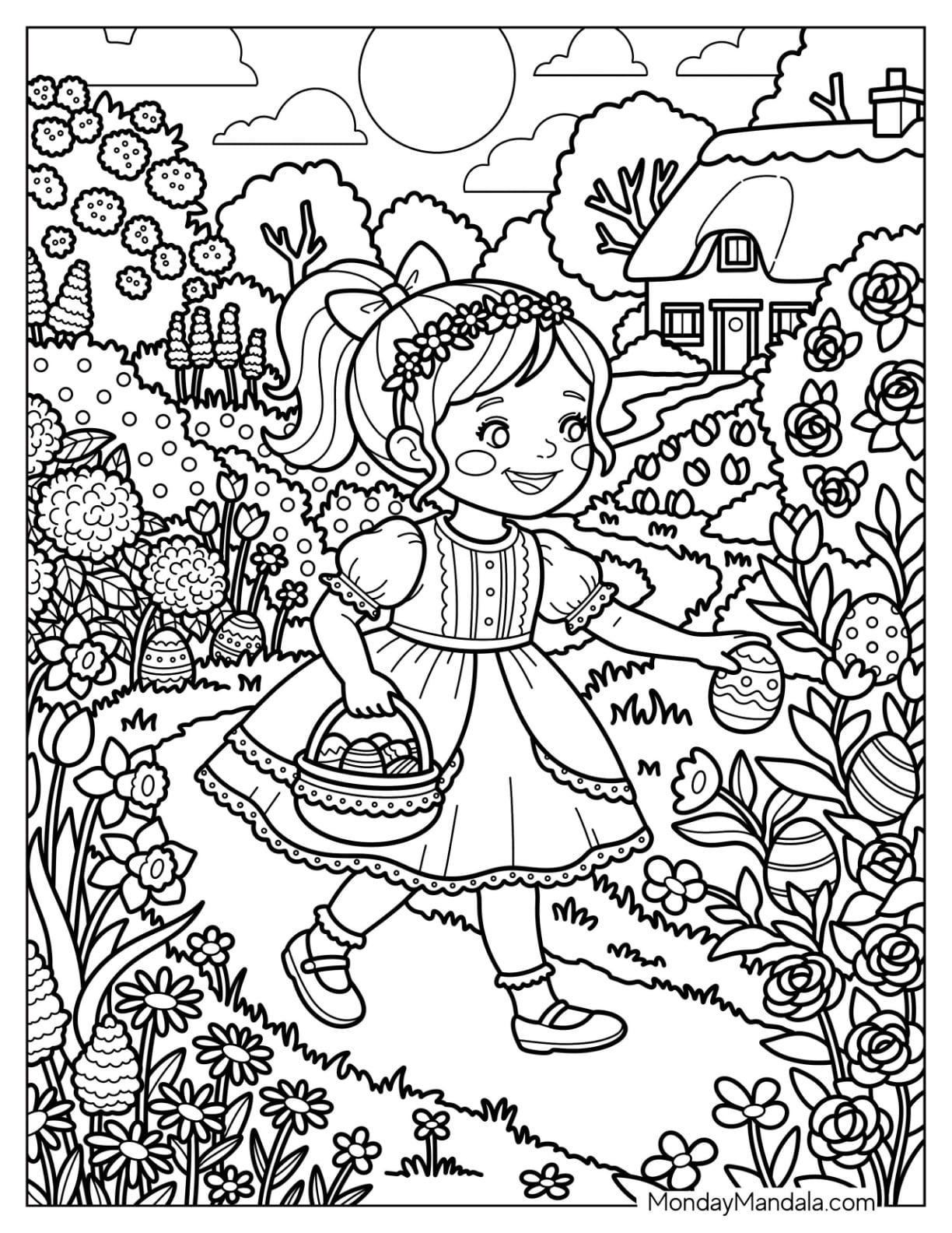 Girl Picking Flowers in a Garden Dress Coloring Sheet
