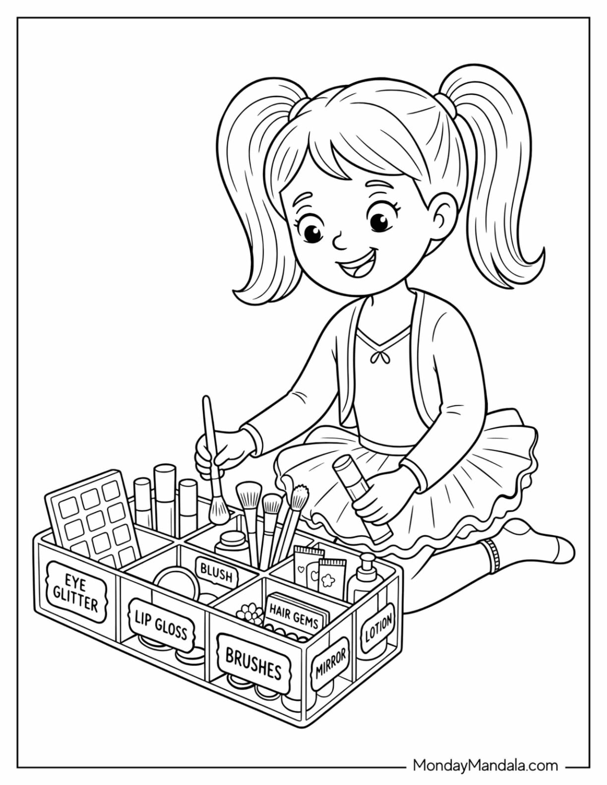 Girl Playing with a Makeup Kit and Cosmetics Coloring Page for Kids