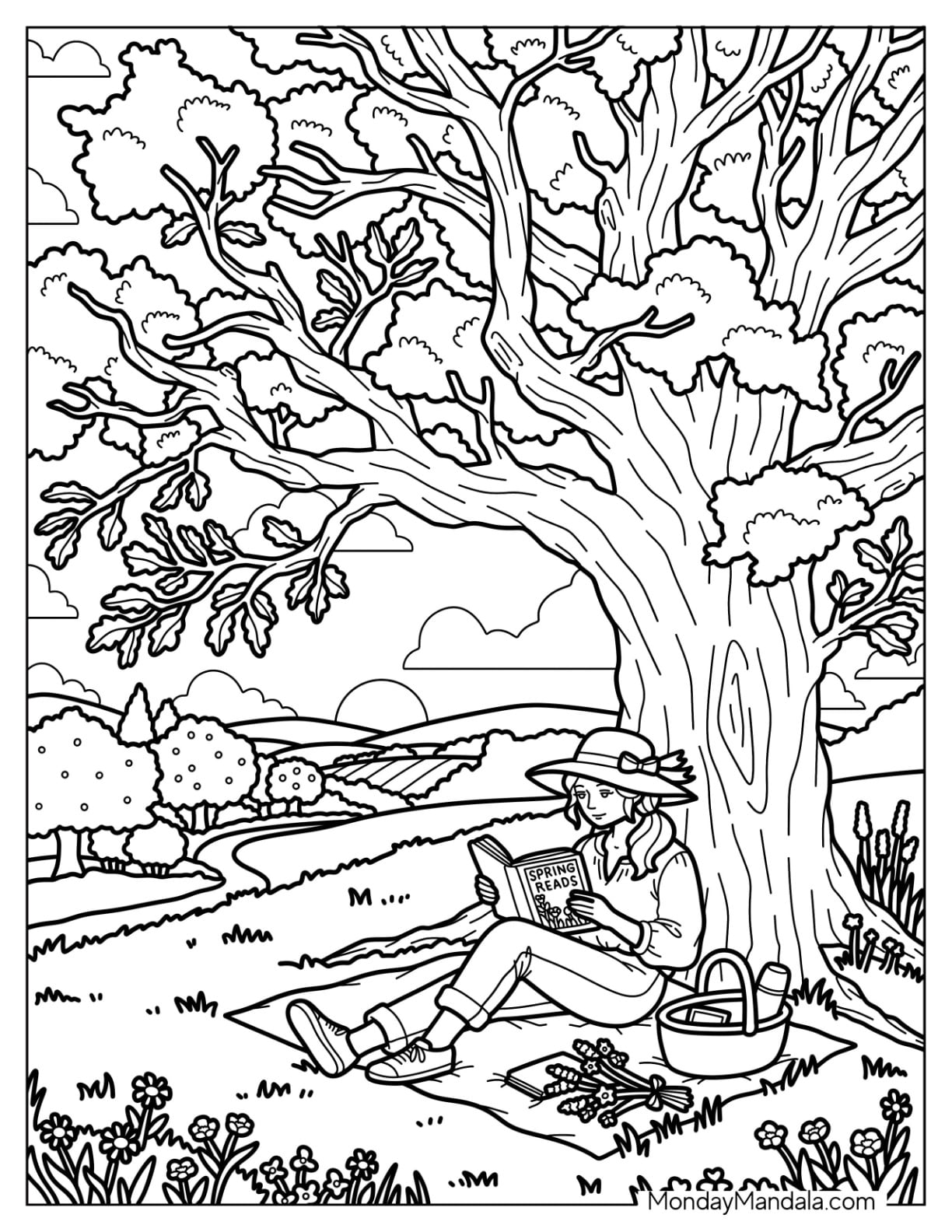 Girl Reading Under a Large Tree in Spring Coloring Page
