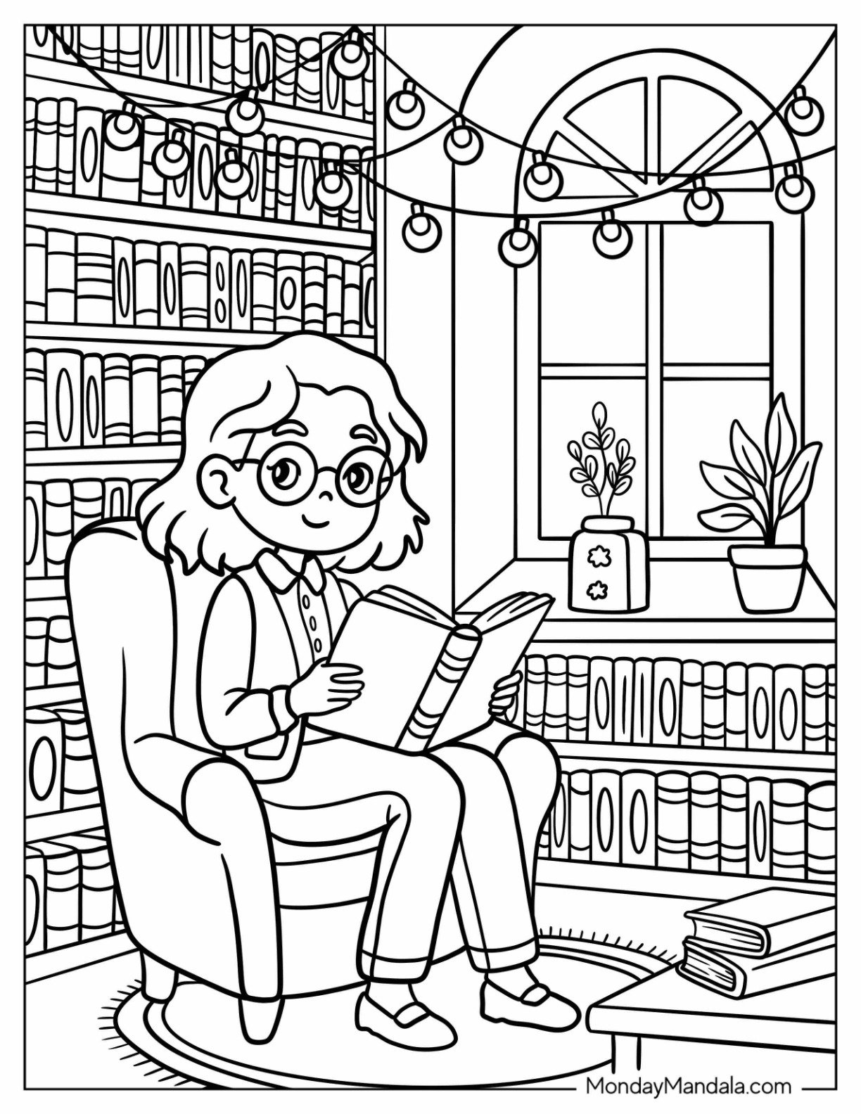 Girl Reading a Book in Cozy Library Coloring Page Chair with String Lights and Bookshelves