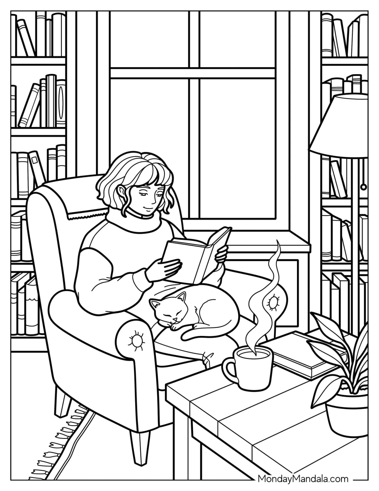 Girl Reading with a Cup of Coffee and Sleeping Cat Coloring Page