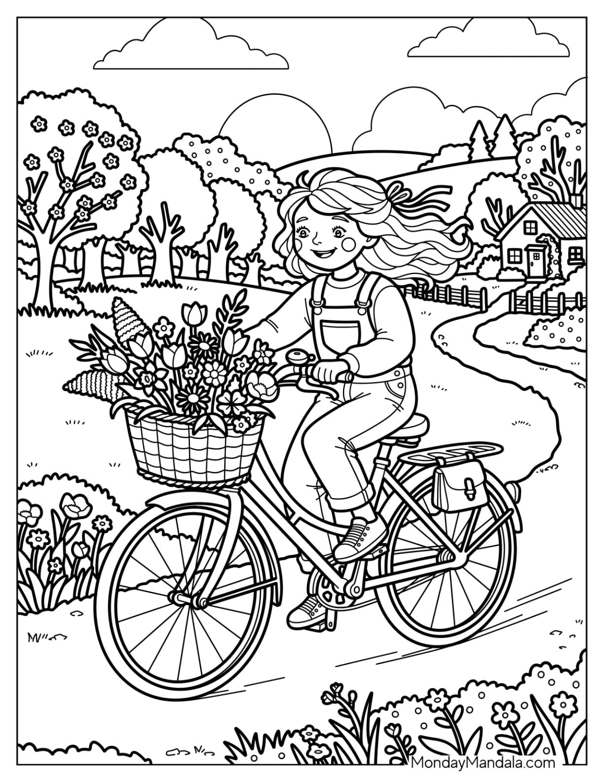 Girl Riding a Bicycle Through a Spring Flower Path Coloring Sheet