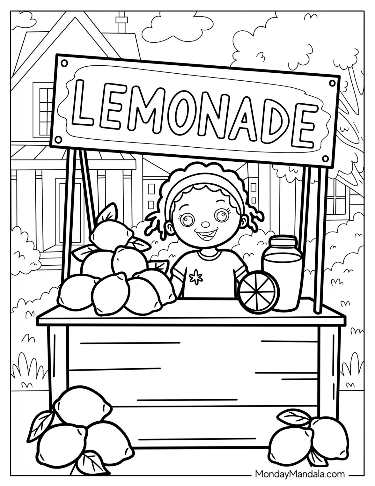 Girl Running a Lemonade Stand with Fresh Lemons Coloring Page