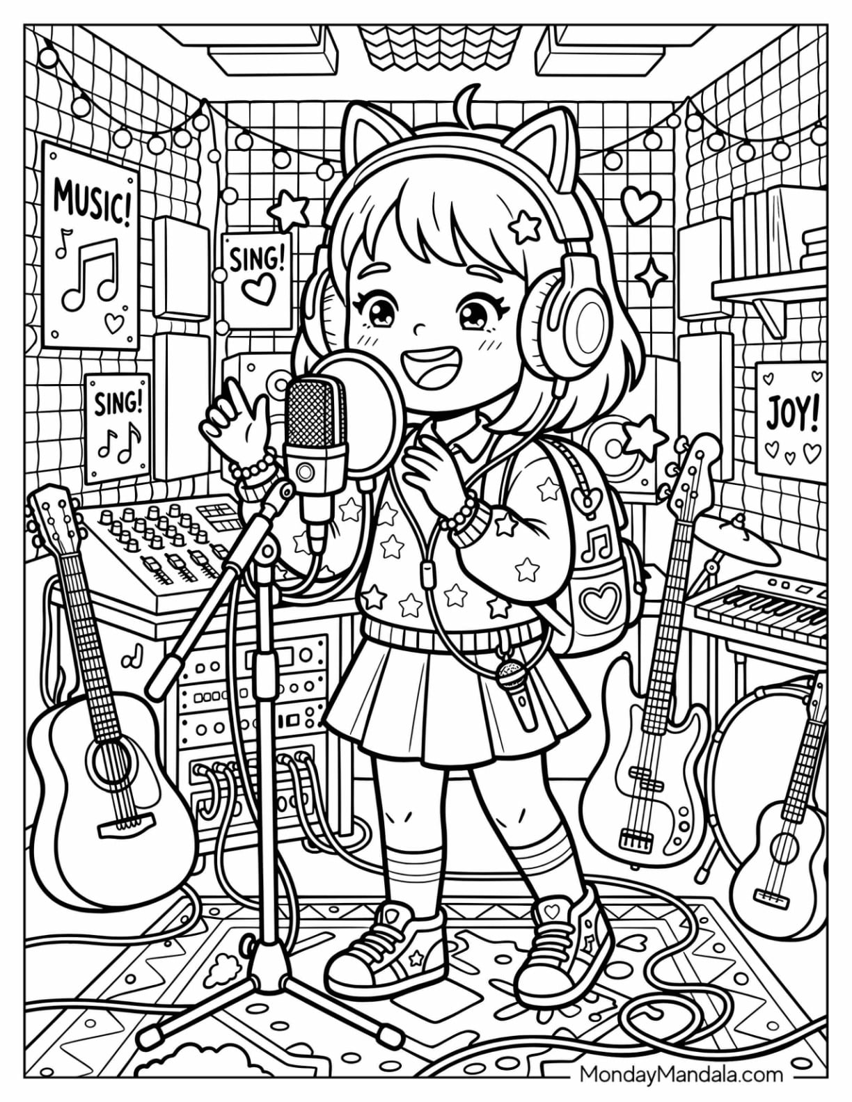 Girl Singing in a Recording Studio with Headphones and Microphone Coloring Page
