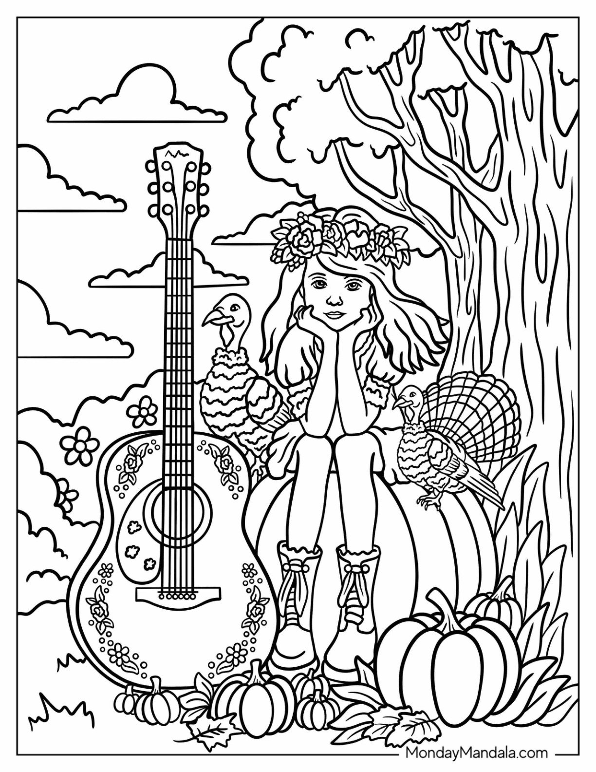 Autumn & Fall Coloring Page of Girl Sitting on a Pumpkin with Guitar and Turkeys in a Whimsical Harvest