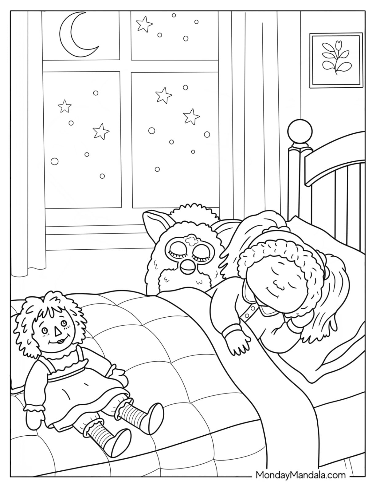 Toy Coloring Page of Girl Sleeping with Dolls and Furby on the Bed