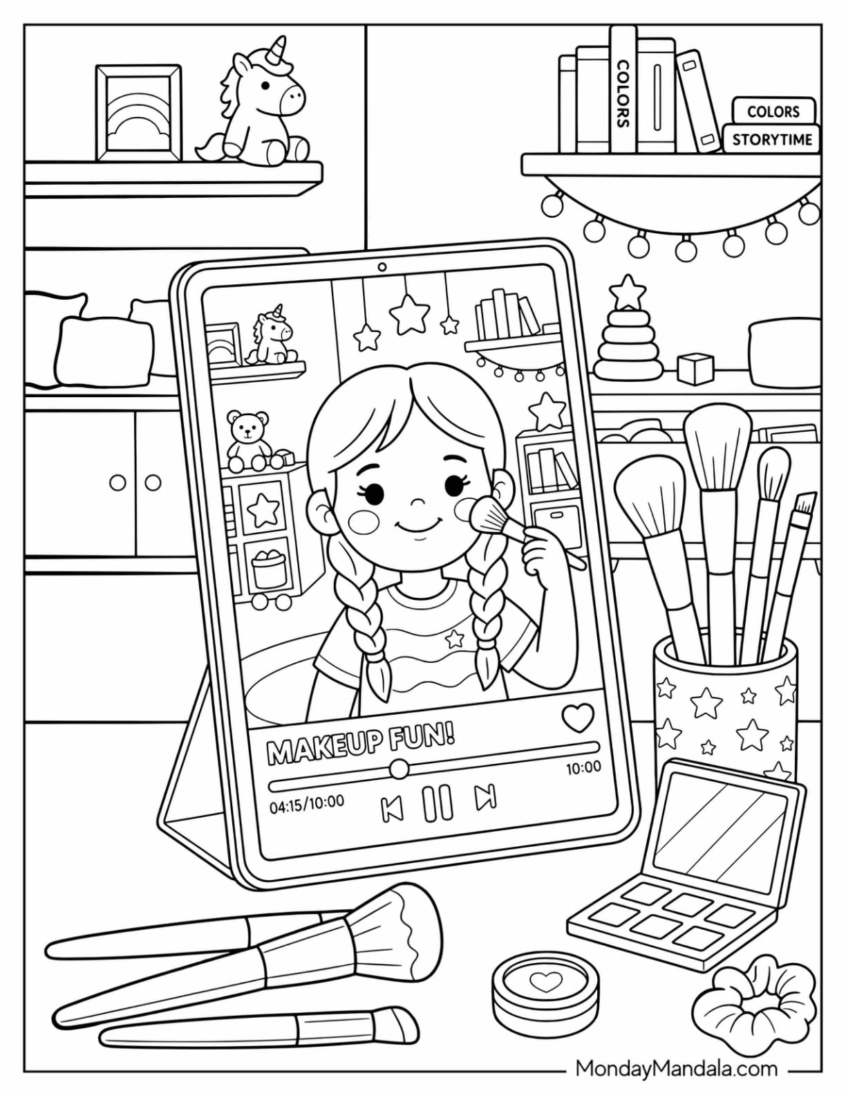 Girl Watching a Makeup Tutorial on a Tablet with Cosmetics Coloring Page for Kids