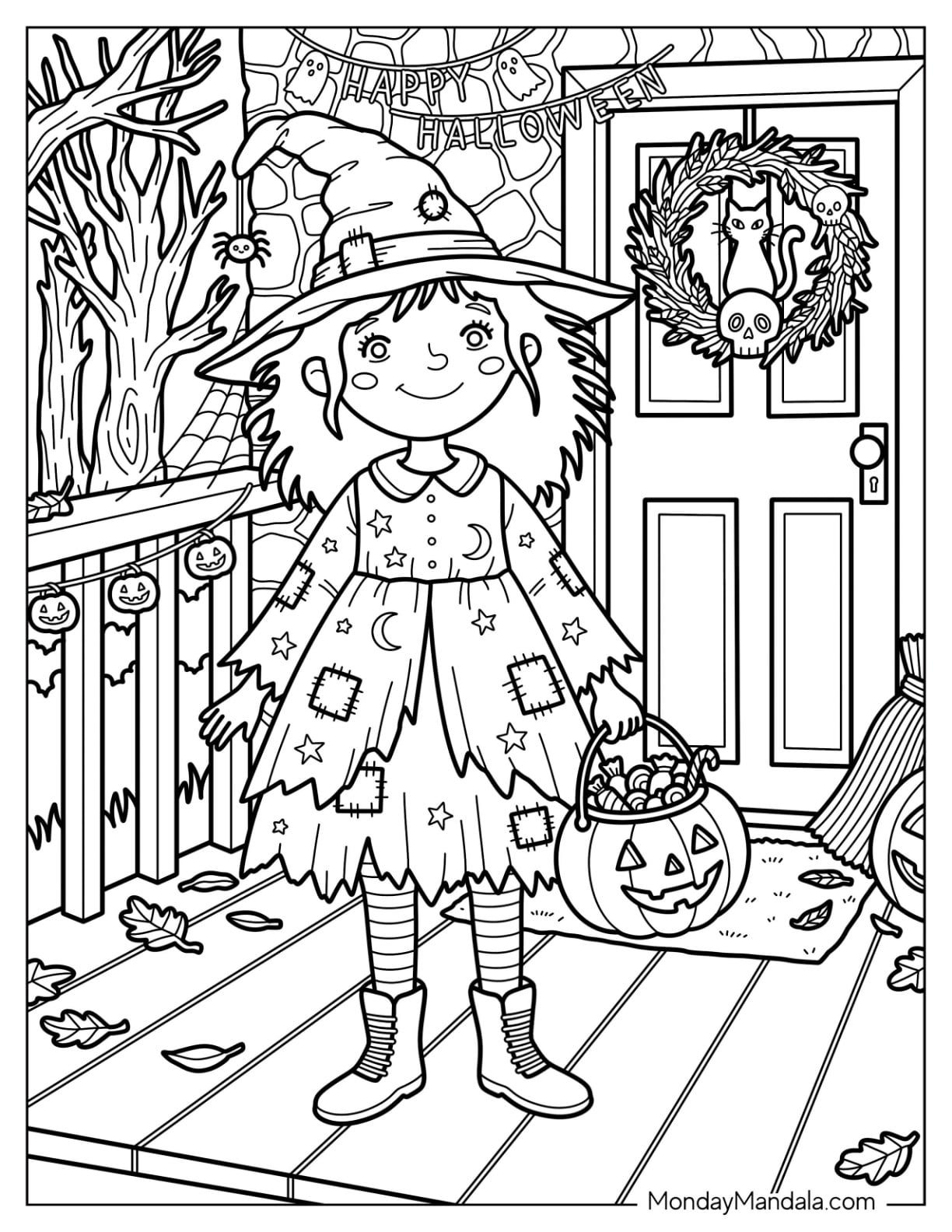Girl Wearing a Patchwork Witch Dress for Halloween Coloring Sheet