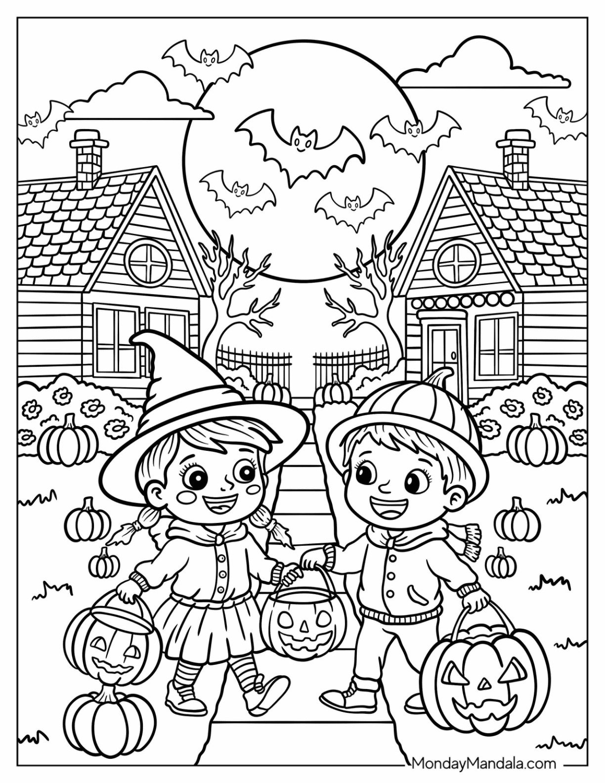 Girl and Boy Trick or Treating on Halloween Night Fall Coloring Sheet for Kids
