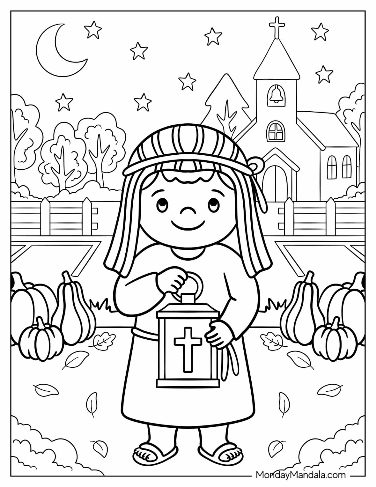 Christian Halloween Coloring Page of Girl in Halloween Costume Holding a Lantern Outside the Church