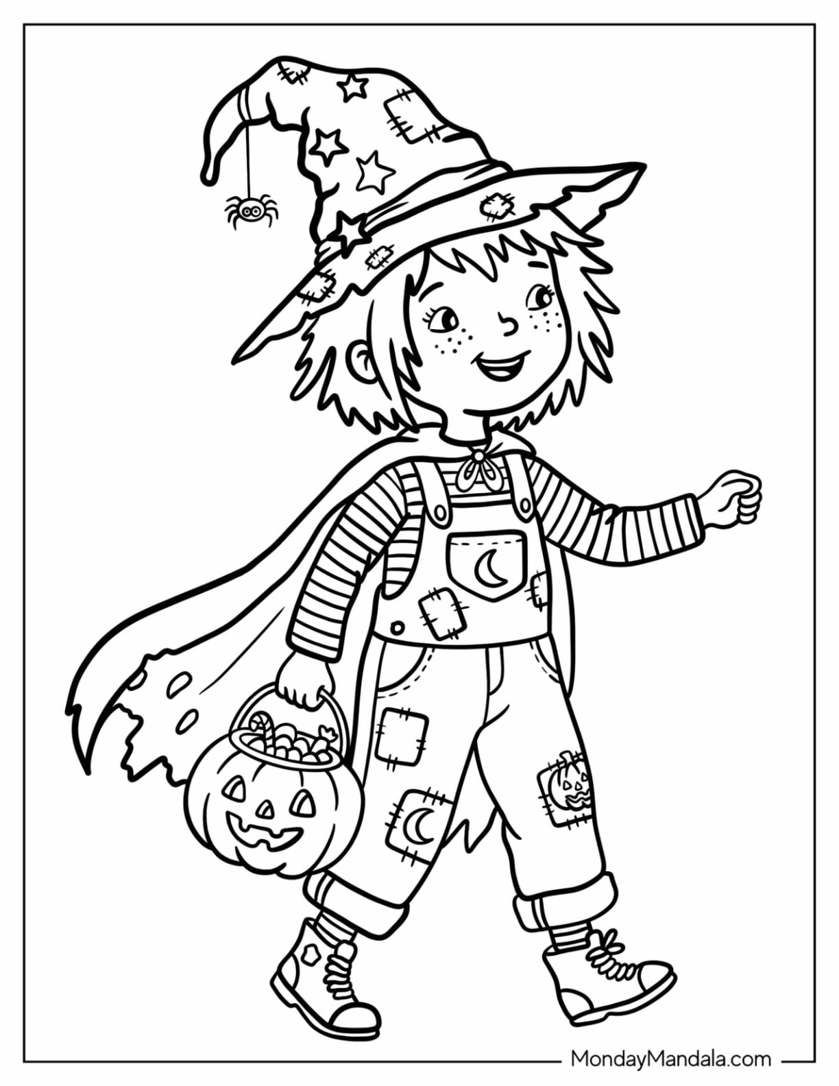Girl in Ragged Witch Costume Trick or Treating Coloring Sheet