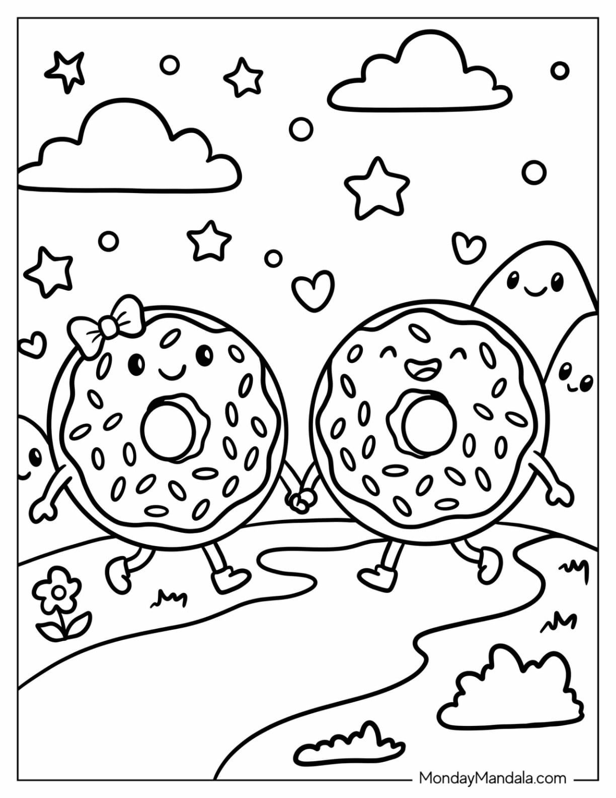 Girlfriend and Boyfriend Donuts Holding Hands Coloring Page for Kids