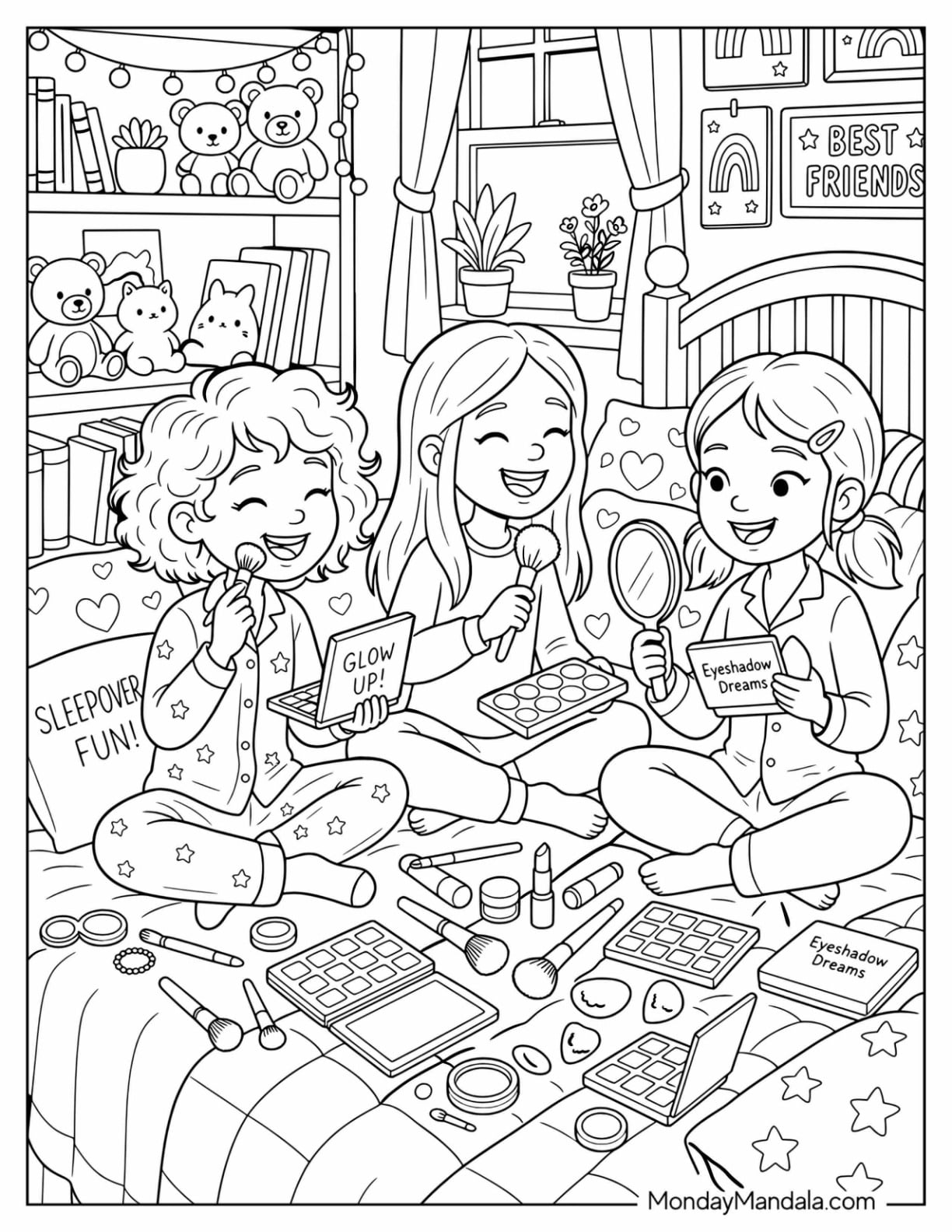 Girls Having a Makeup Party with Cosmetics and Mirrors Coloring Page