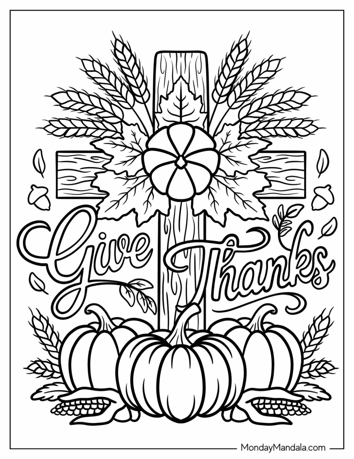 Thanksgiving Coloring Page of Give Thanks Script with Cross, Wheat, and Pumpkins