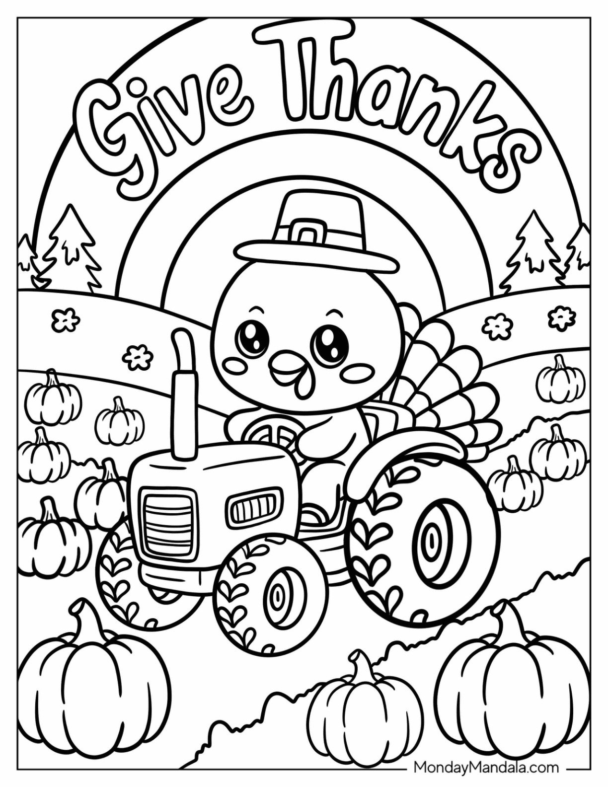 Thanksgiving Coloring Page of Give Thanks Text with a Turkey on a Tractor for Kids