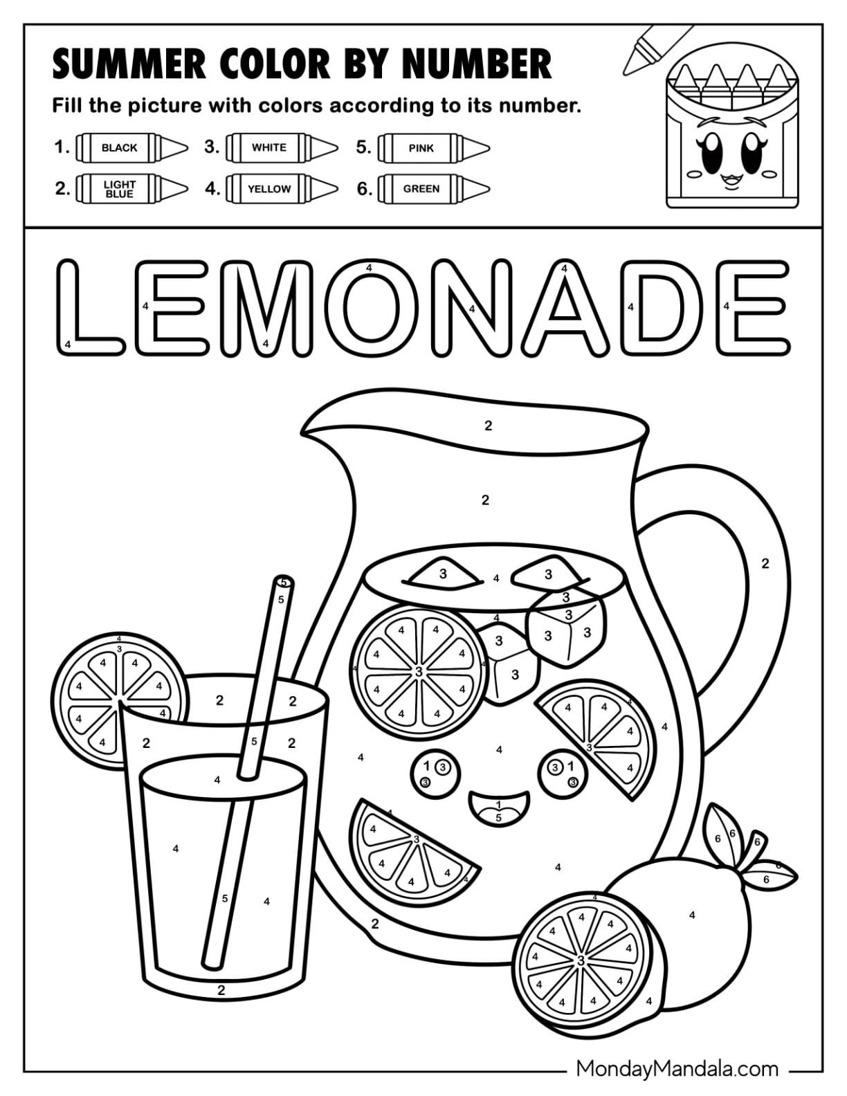 Glass and Pitcher of Fresh Lemonade Color by Number