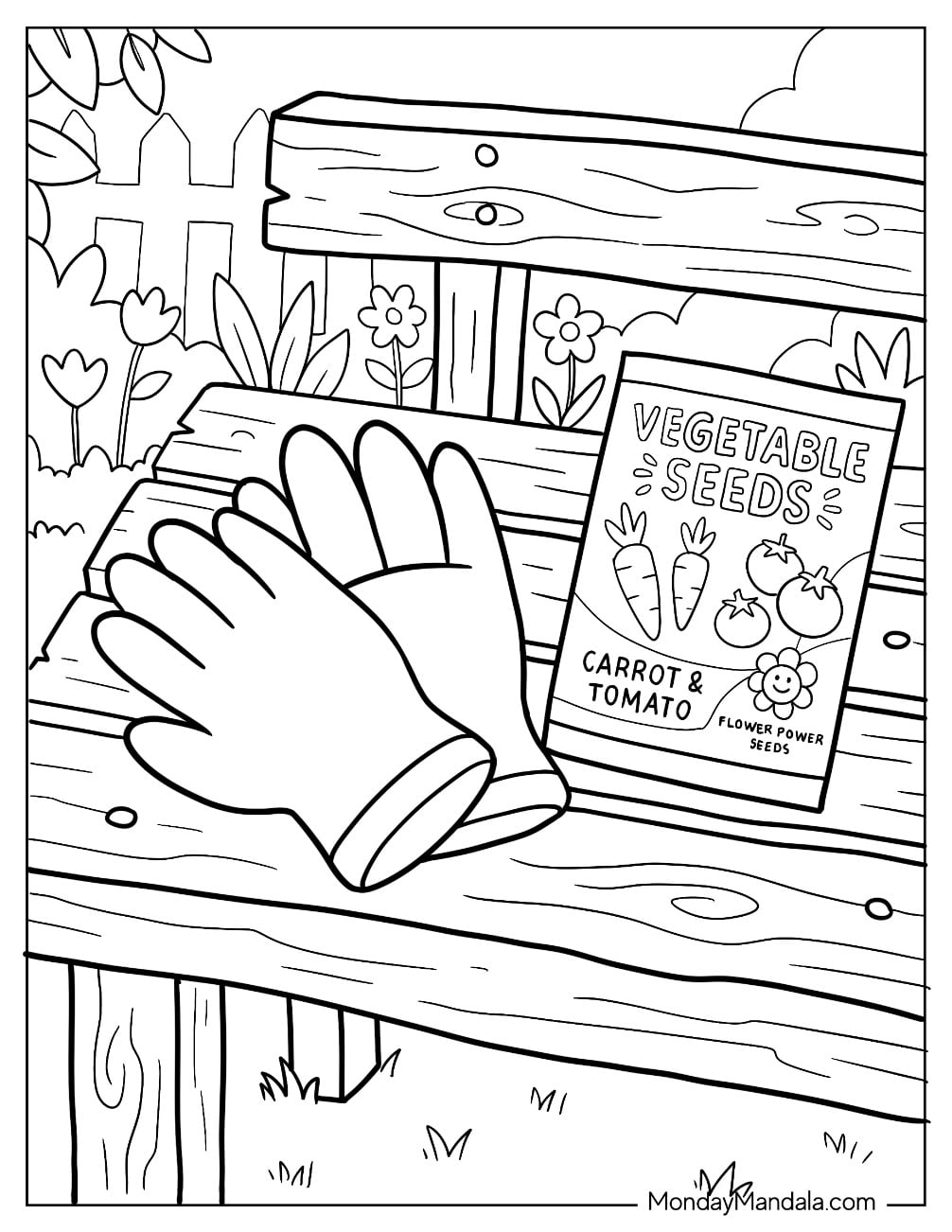 Gloves and Vegetable Seeds on a Garden Bench Coloring Page for Kids