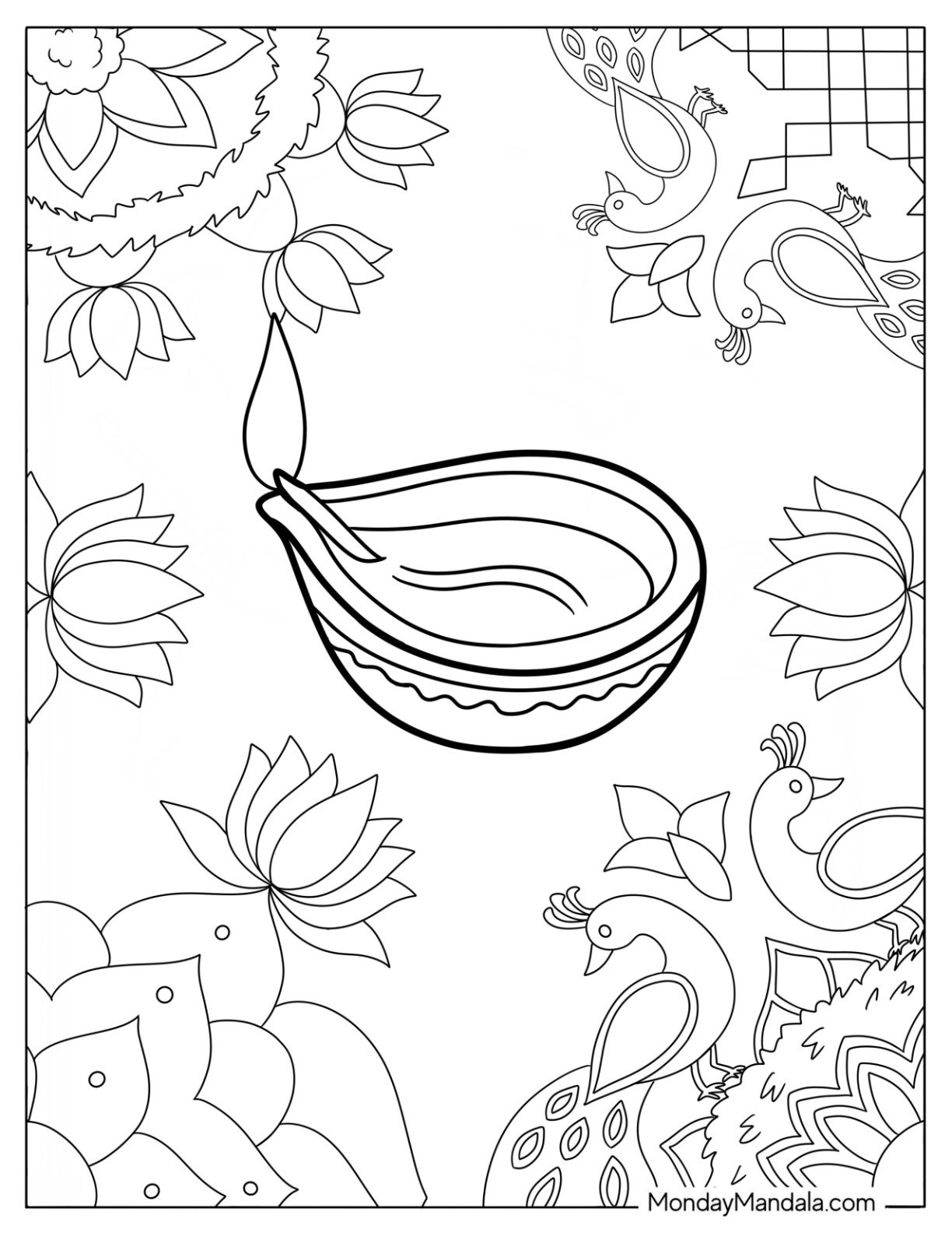 Glowing Diya Lamp with Rangoli Patterns in the Background