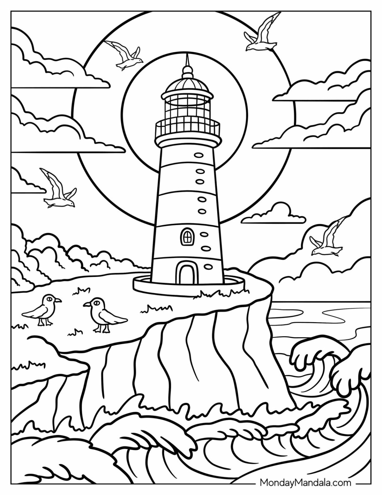 Glowing Lighthouse Coloring Page with Seagulls Circling It and Crashing Waves