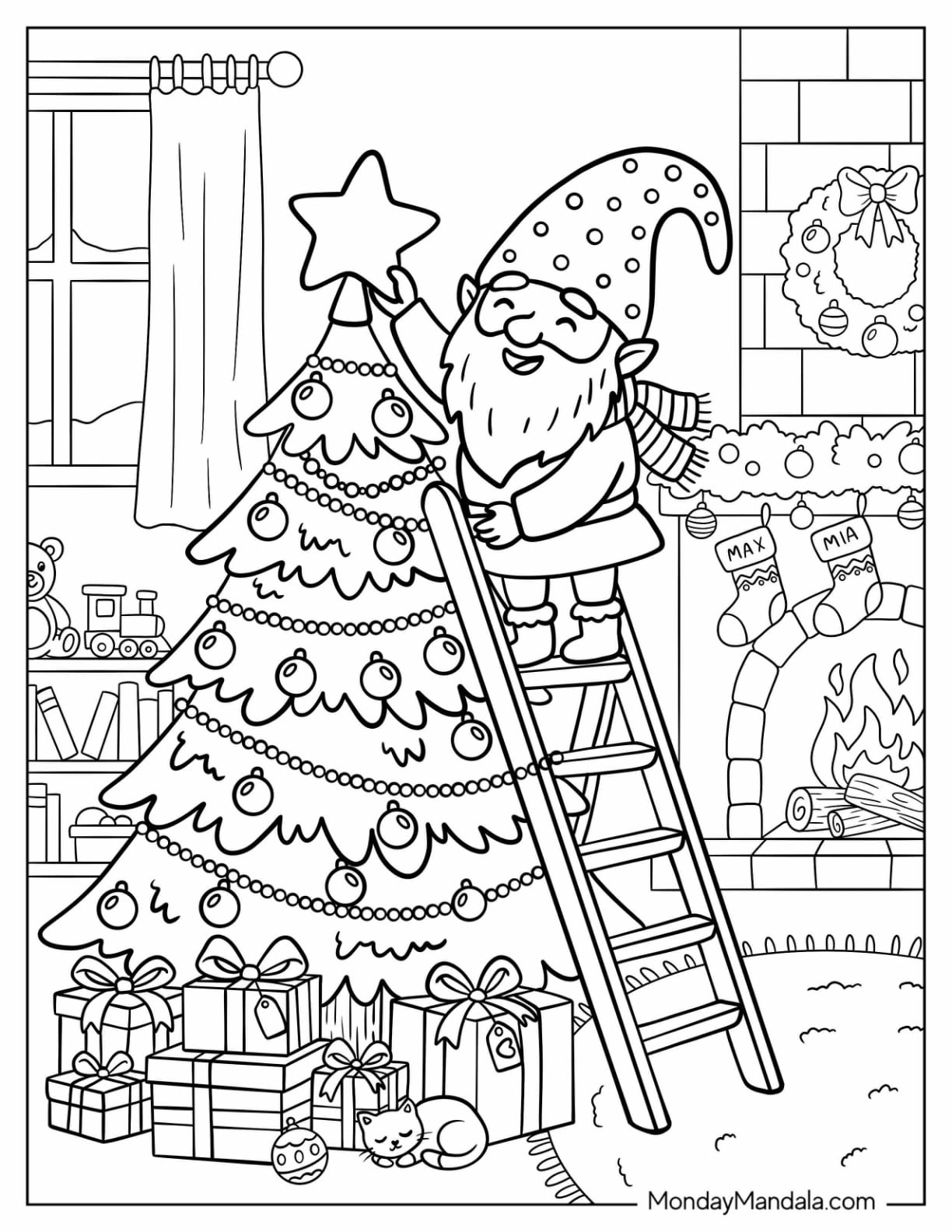 Christmas Gnome Coloring Page Decorating a Christmas Tree