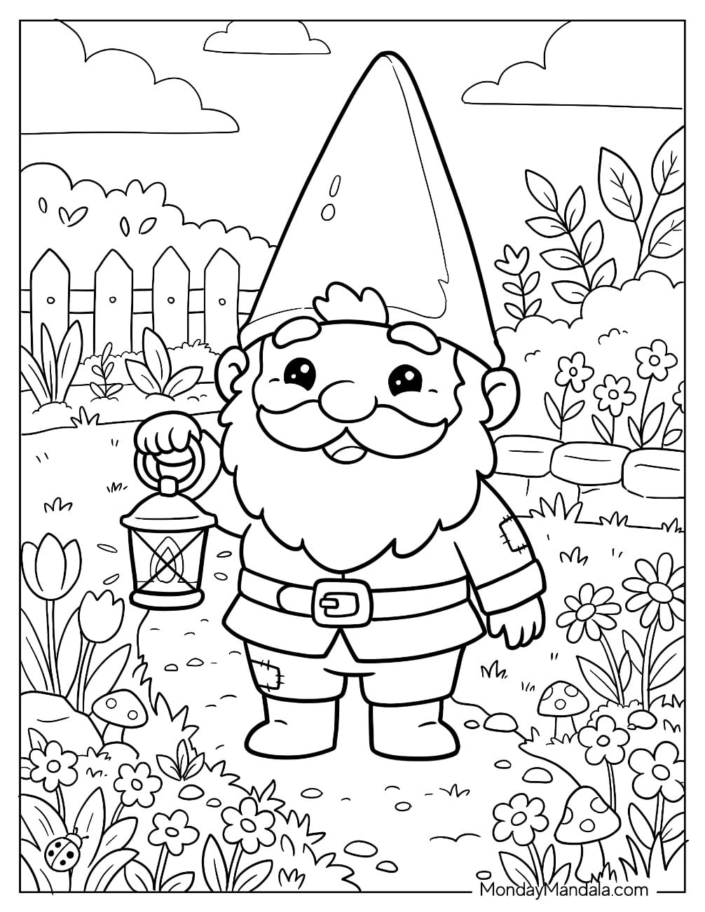 Gnome Holding a Lantern Among Flowers and Mushrooms in a Garden Coloring Page
