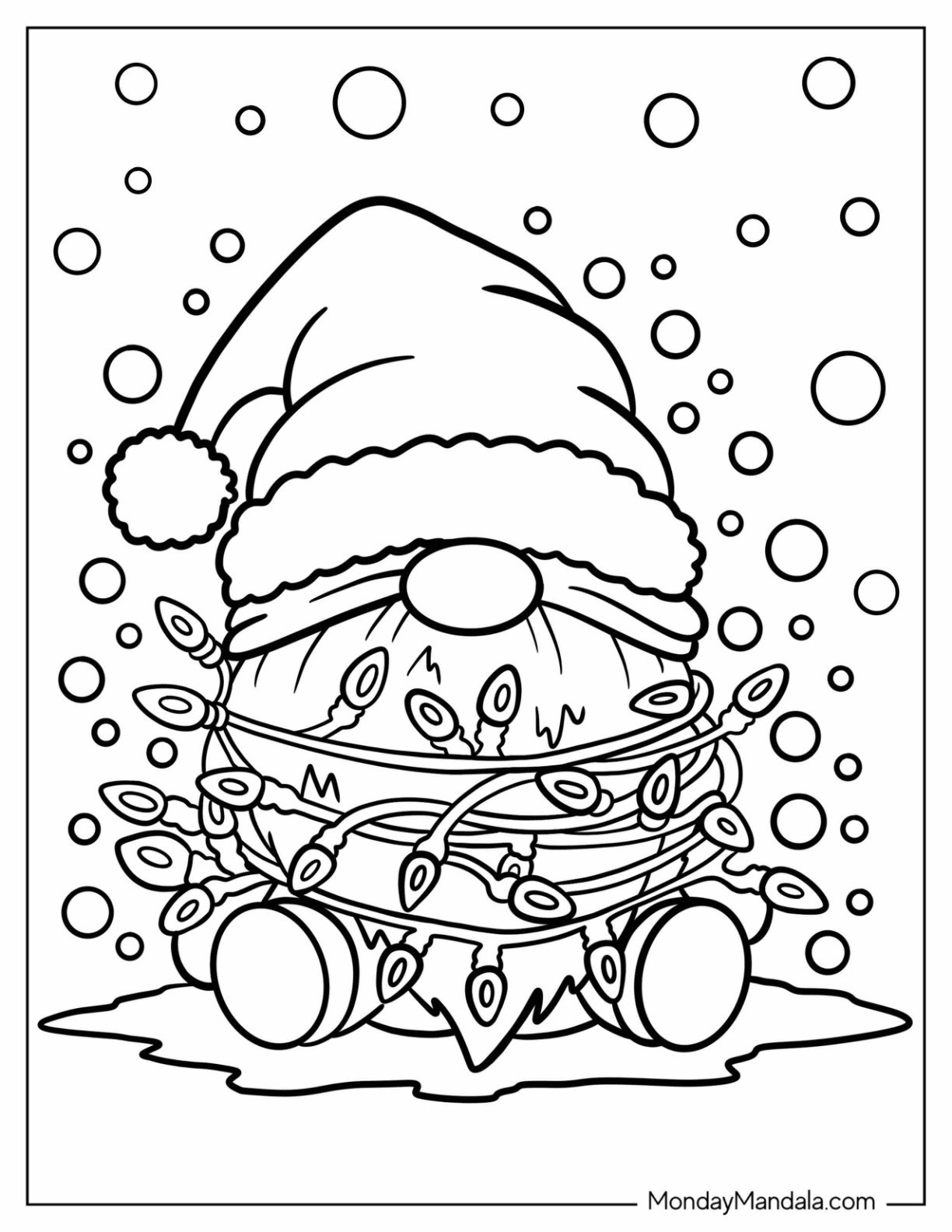 Gnome with Santa Hat Wrapped in Christmas Lights Coloring Page in Winter for Kids