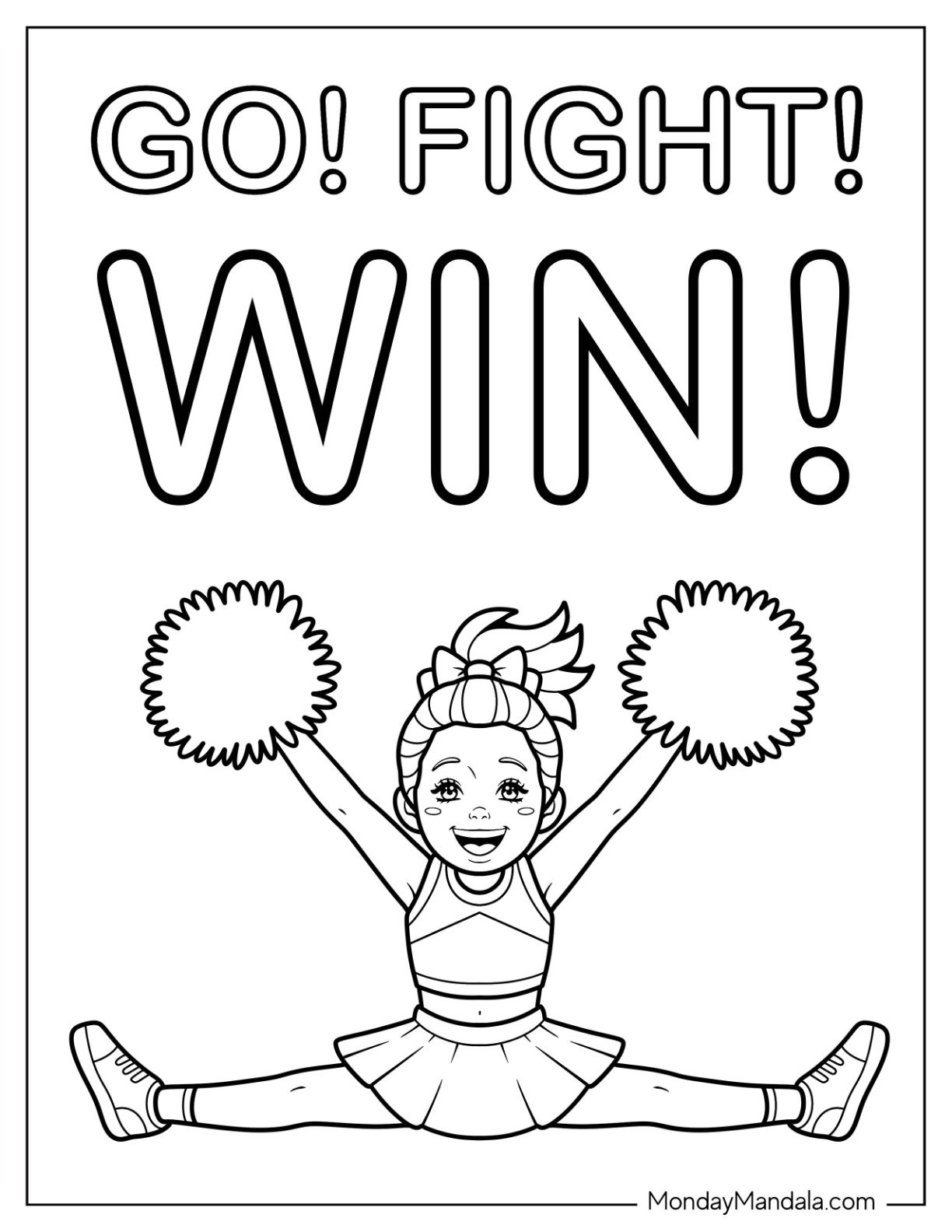 Cheerleading Coloring Page Of Go! Fight! Win! With Cheerleader Performing The Split