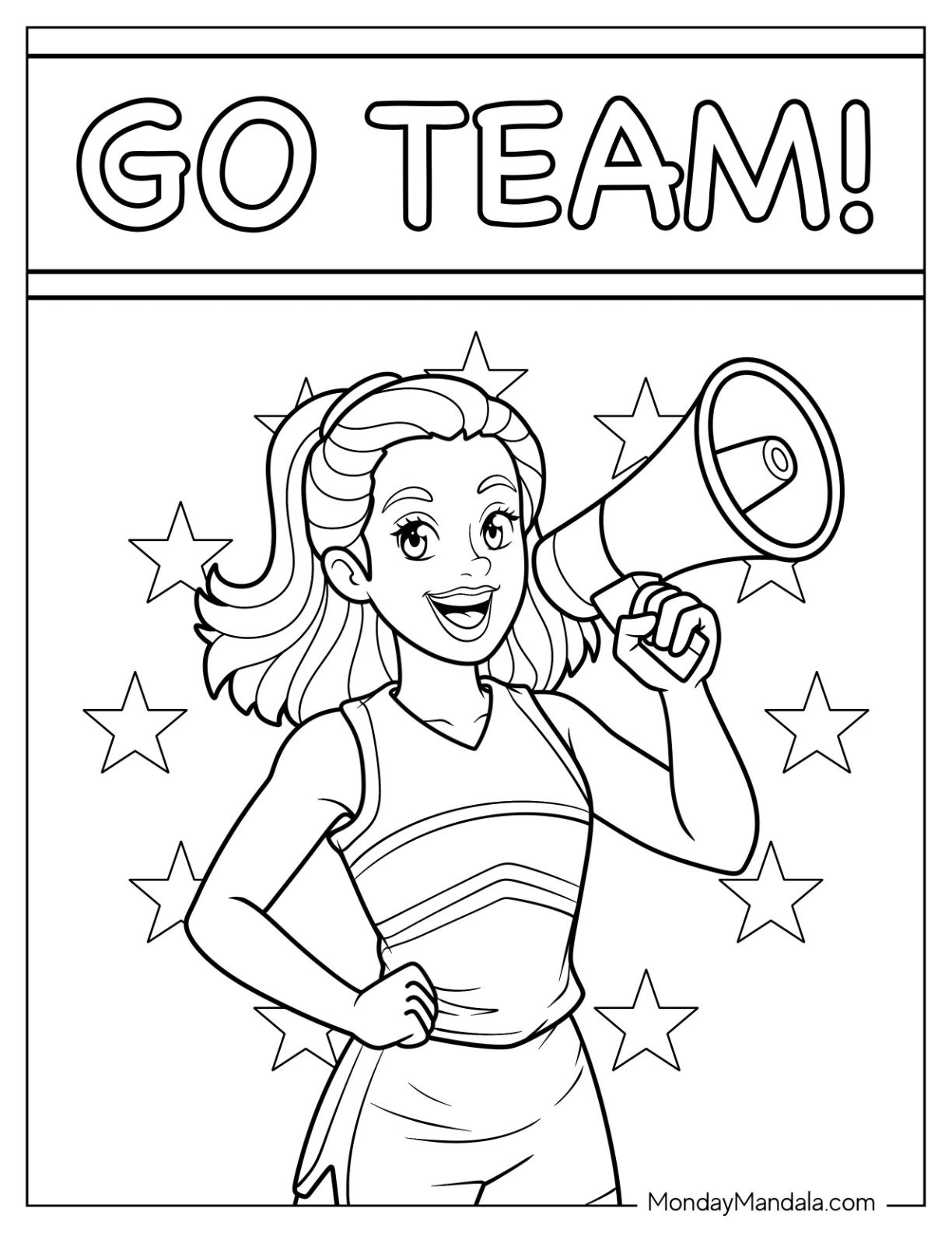 Cheerleading Coloring Page Of Go Team! Cheer Captain with Megaphone