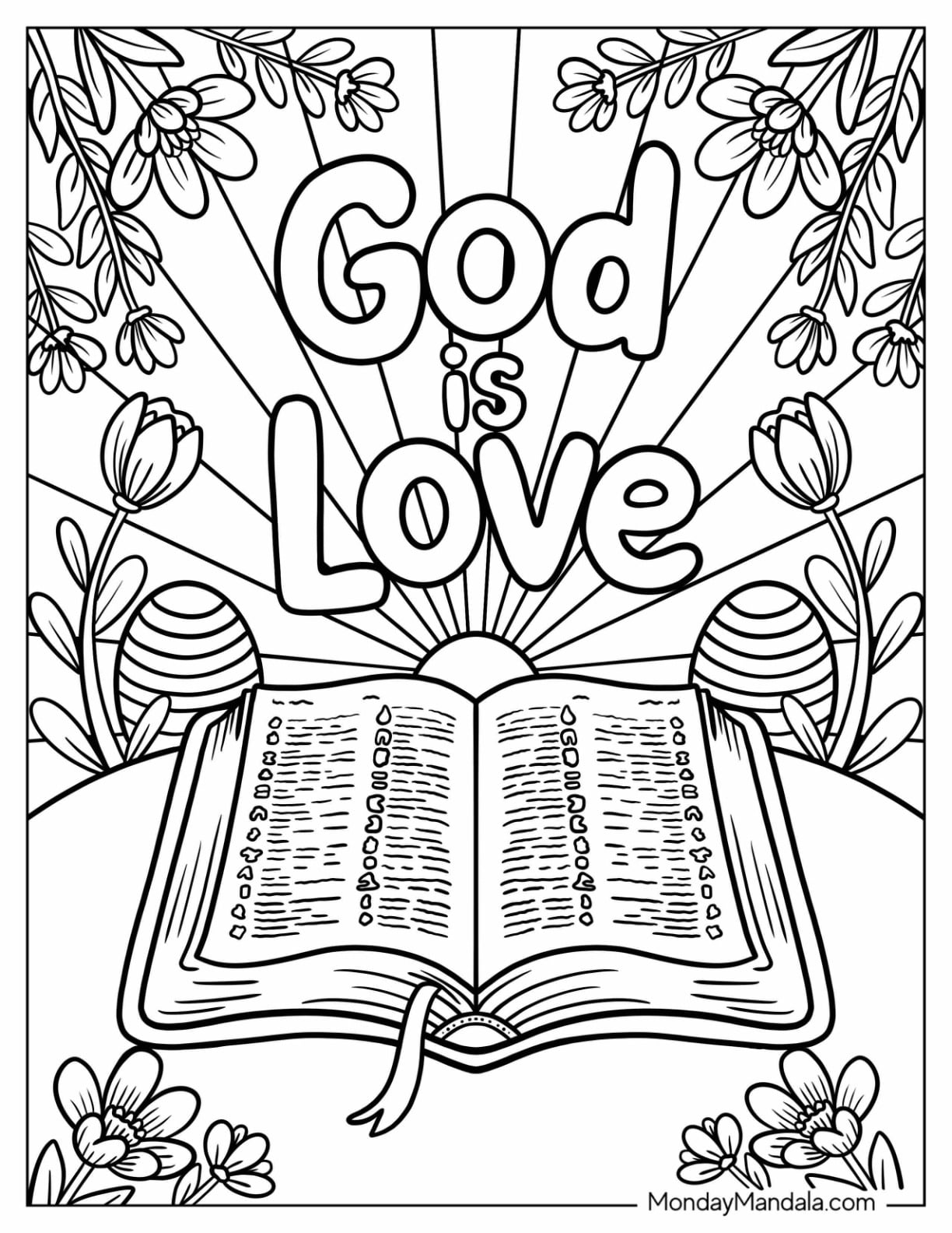 Religious Easter Coloring Page of God is Love Text with Open Bible on Easter