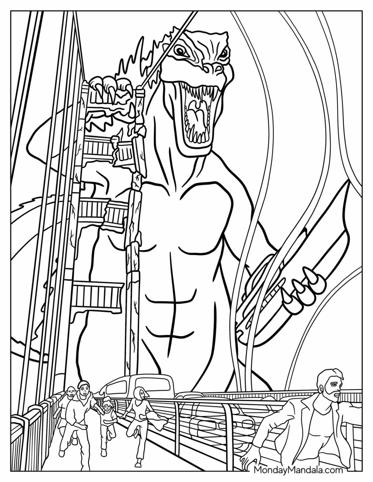 Godzilla Coloring Page Attacking the Bridge as People Run in Fear