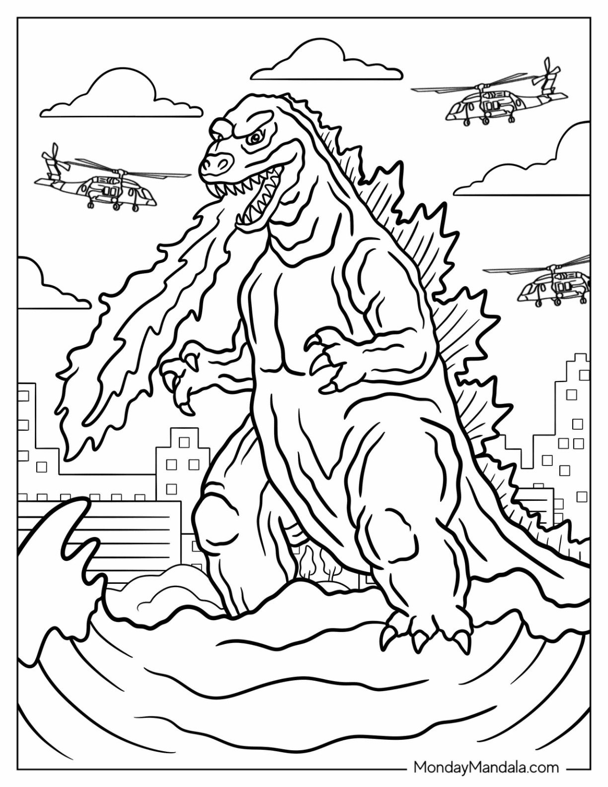 Godzilla Breathing Fire Across the Ocean With Helicopters In The Sky