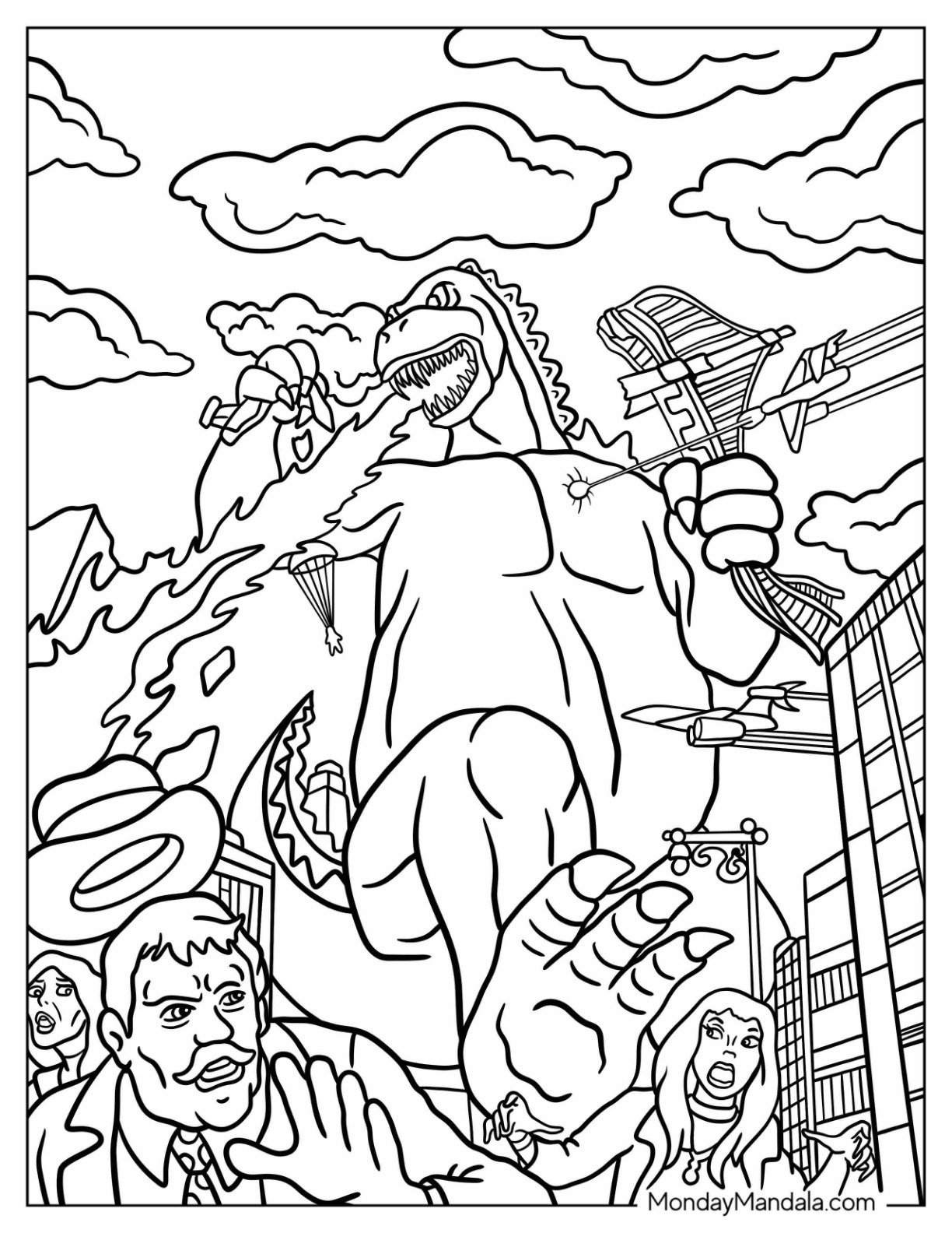Godzilla Coloring Page Breathing Fire And Battling Helicopters