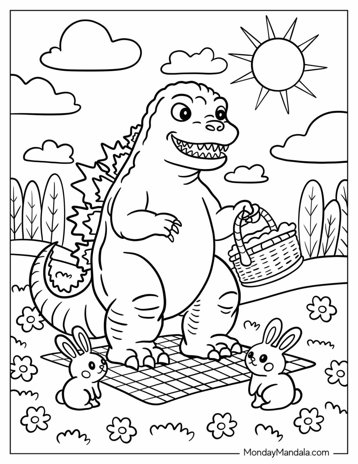 Godzilla Coloring Page Enjoying A Sunny Picnic With Forest Bunnies For Kids