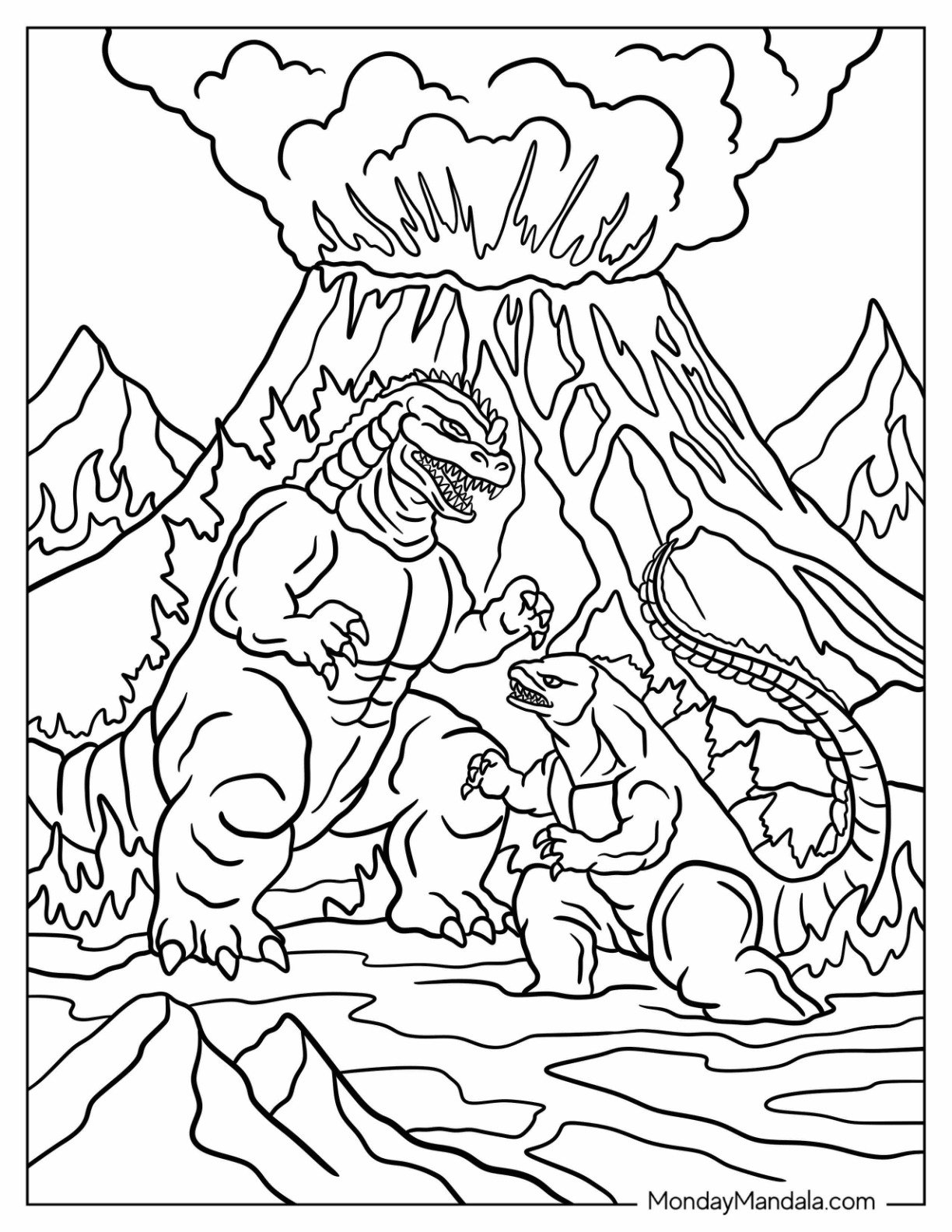 Godzilla Coloring Page Facing Off With Another Monster Near An Erupting Volcano