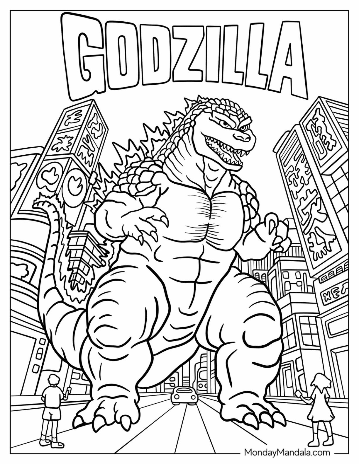 Godzilla Coloring Page In The City With Skyscrapers And People