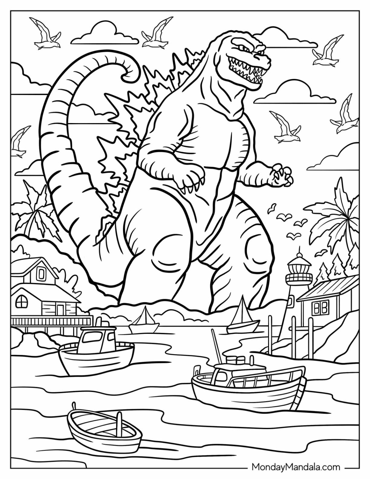 Godzilla Coloring Page Near A Lighthouse With Sailboats And Flying Birds