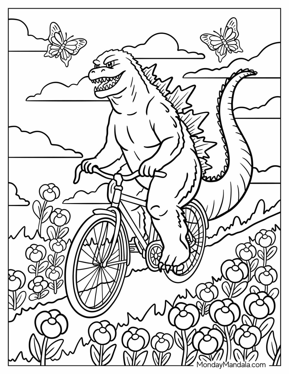Godzilla Coloring Page Riding a Bicycle Through a Field of Blooming Flowers