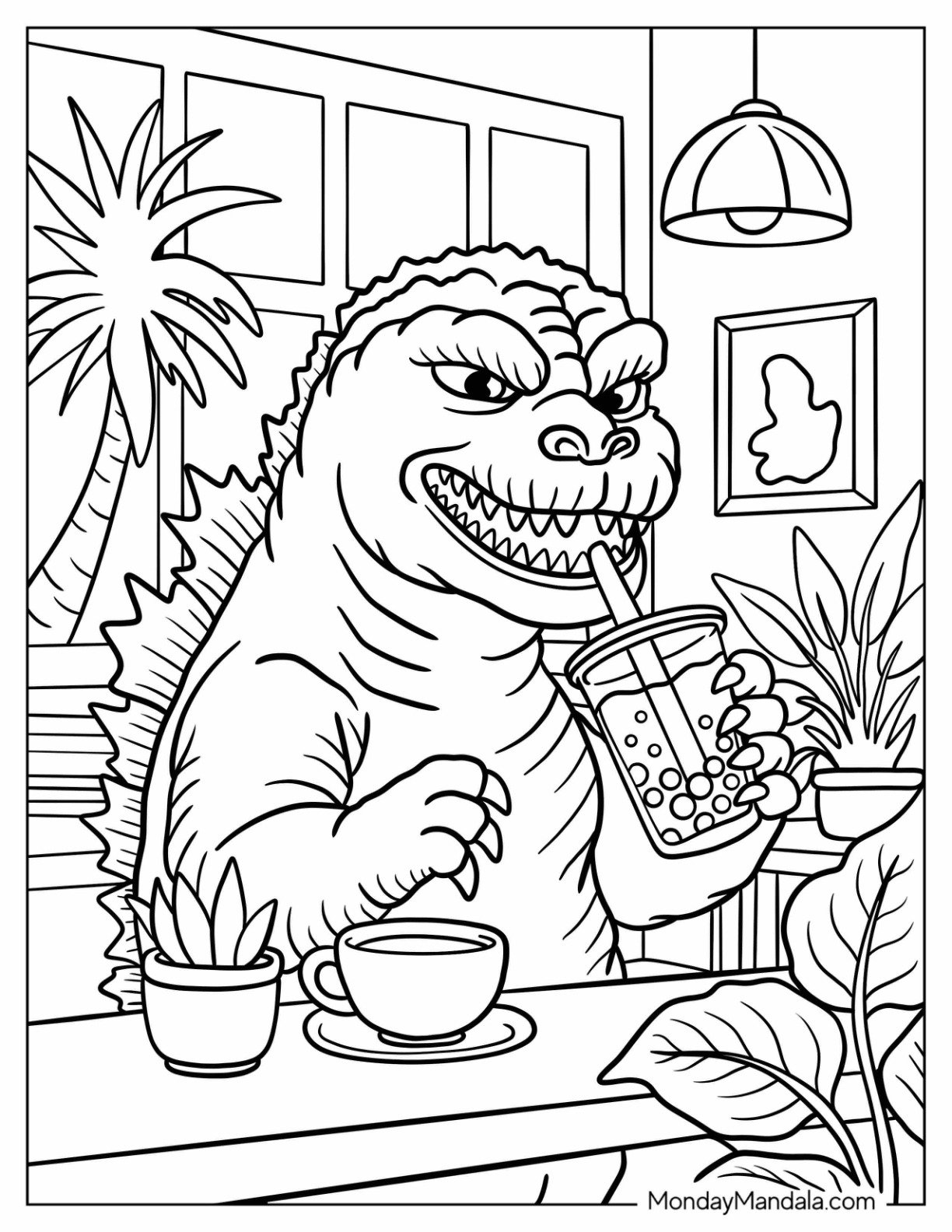 Godzilla Coloring Page Sipping Boba in a Cozy Coffee Shop For Kids