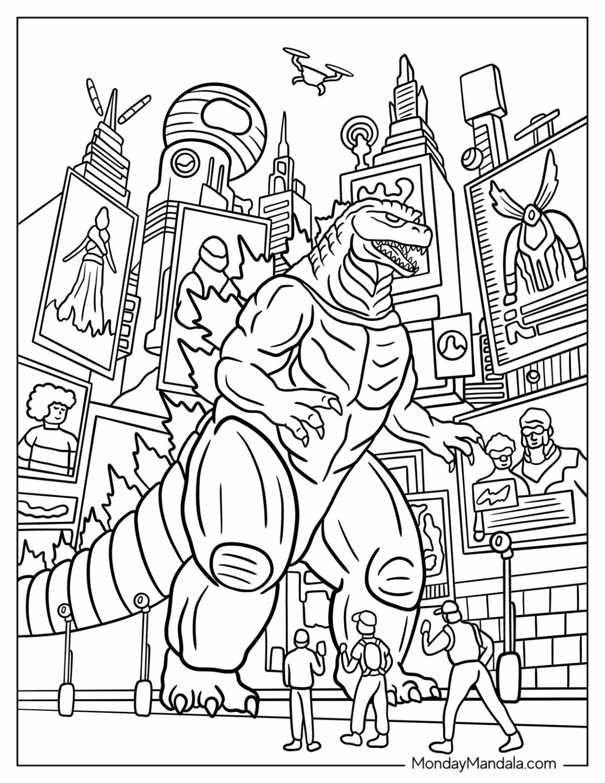 Godzilla Coloring Page Standing In The Middle Of A Busy City