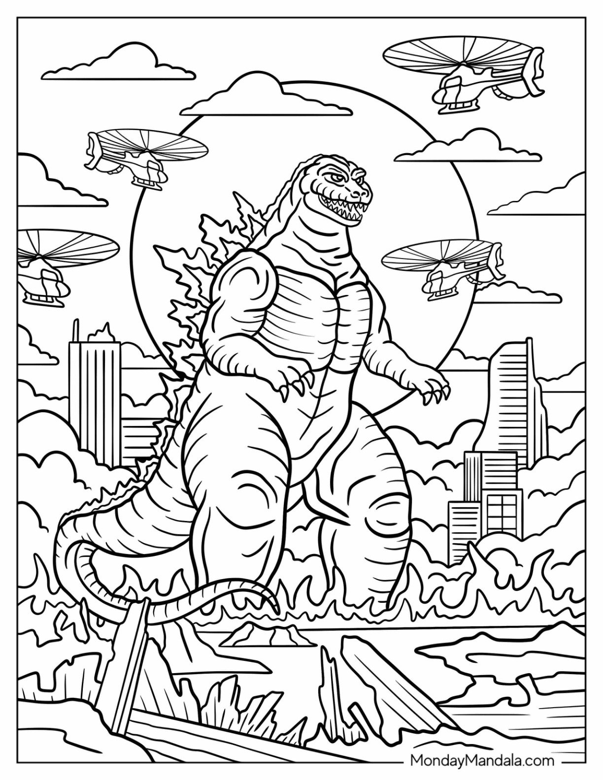 Godzilla Coloring Page Surrounded By Helicopters Over A Burning Skyline